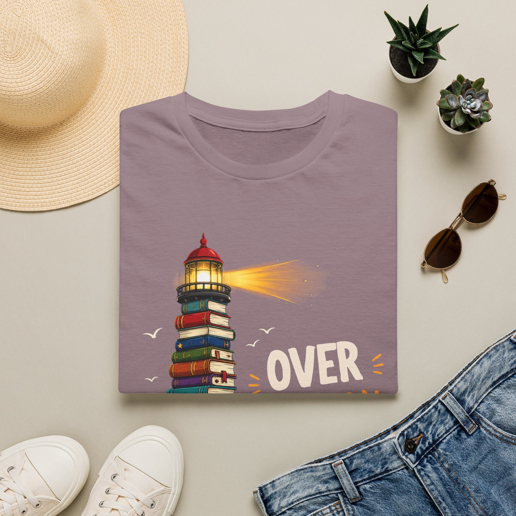 'Over the Horizon' Lighthouse Stack of Books Graphic Tee – Reading Lights the Way