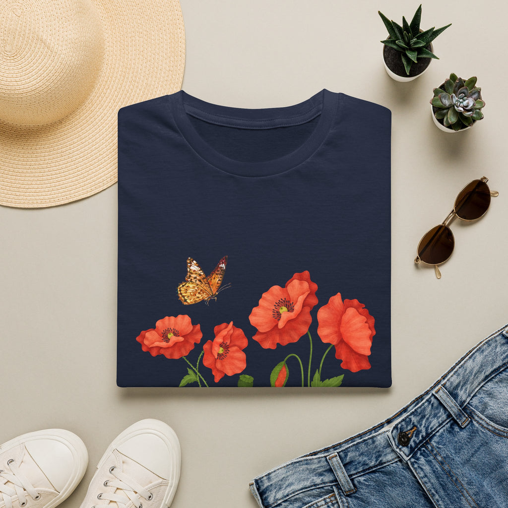 Poppy Field Tee — Red Poppies & Butterfly Floral T-Shirt