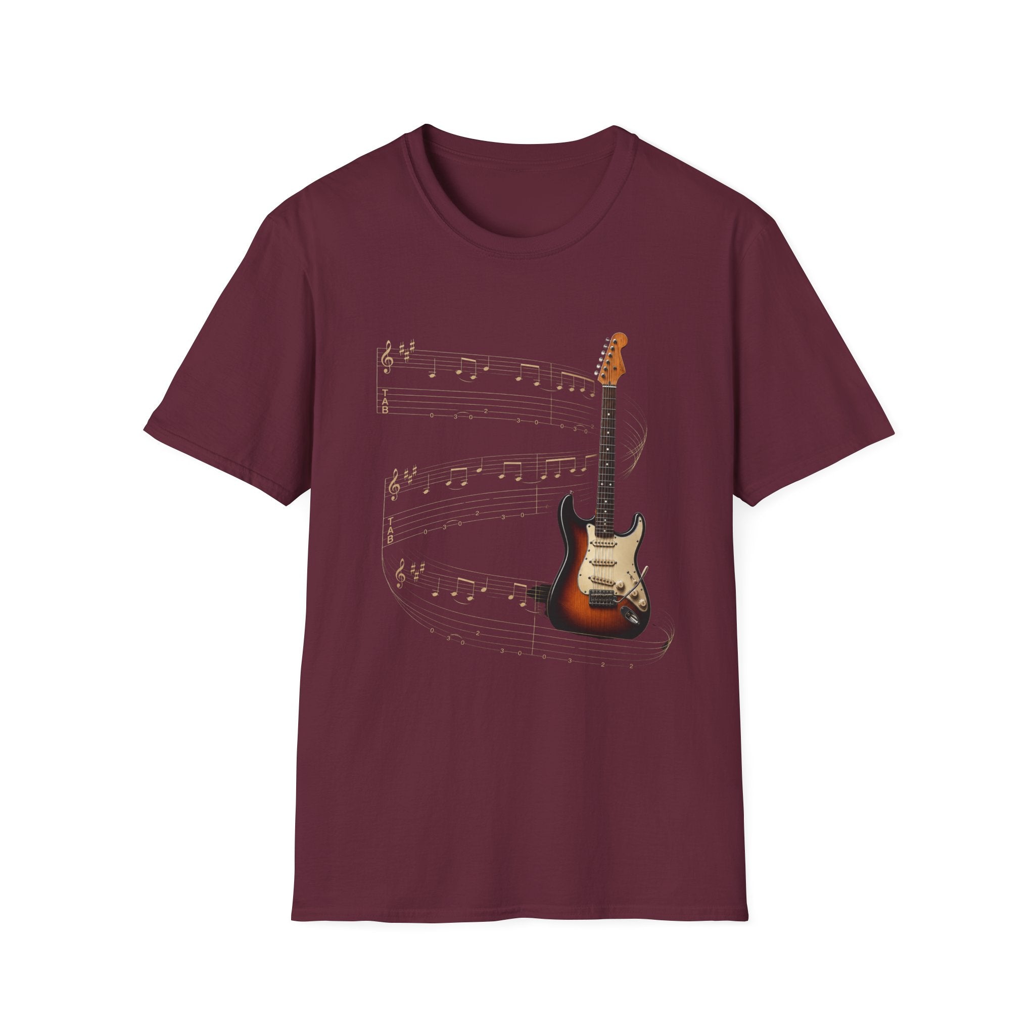 Electric Guitar T‑Shirt — Vintage Sunburst Guitar with Musical Notes - Where Music Takes Flight | Electric Guitar & Tablature Art Design