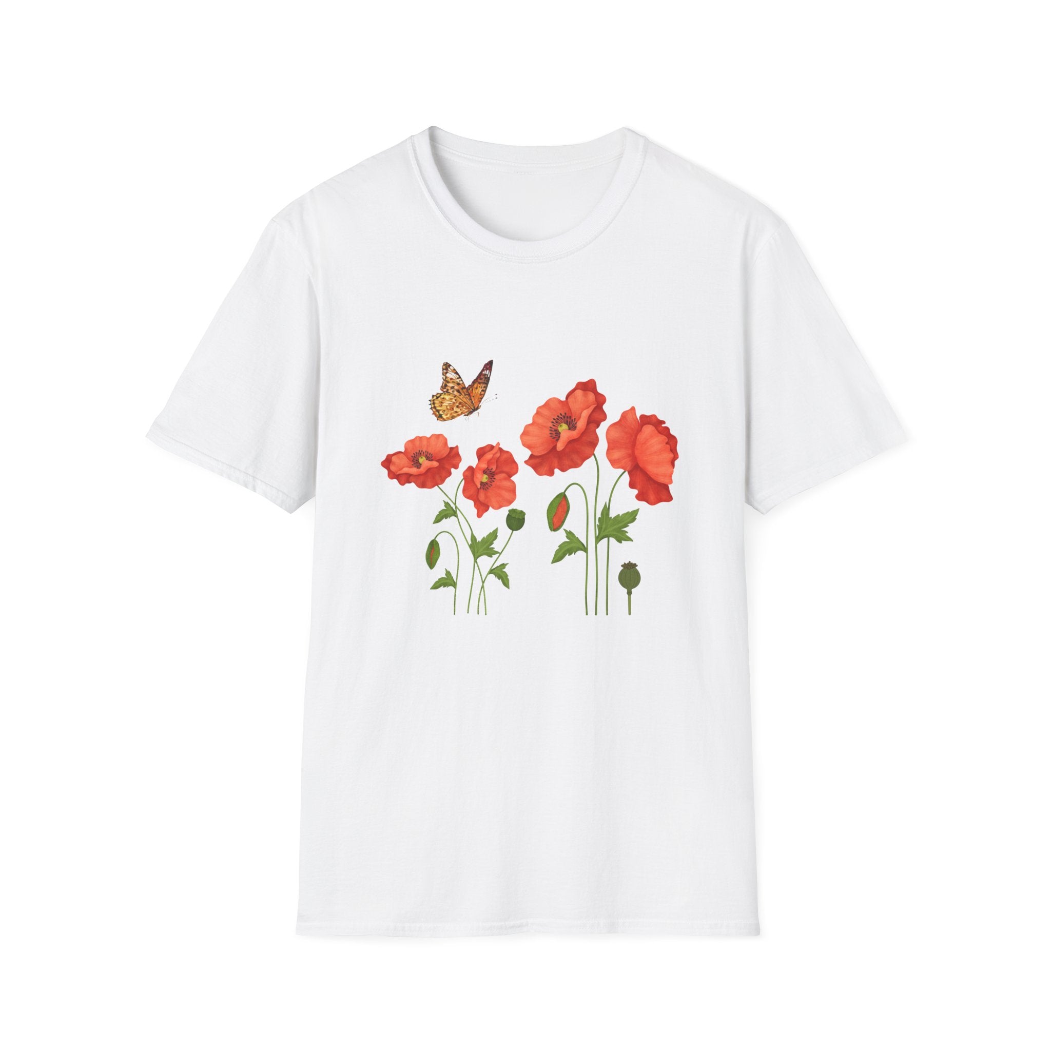 Poppy Field Tee — Red Poppies & Butterfly Floral T-Shirt