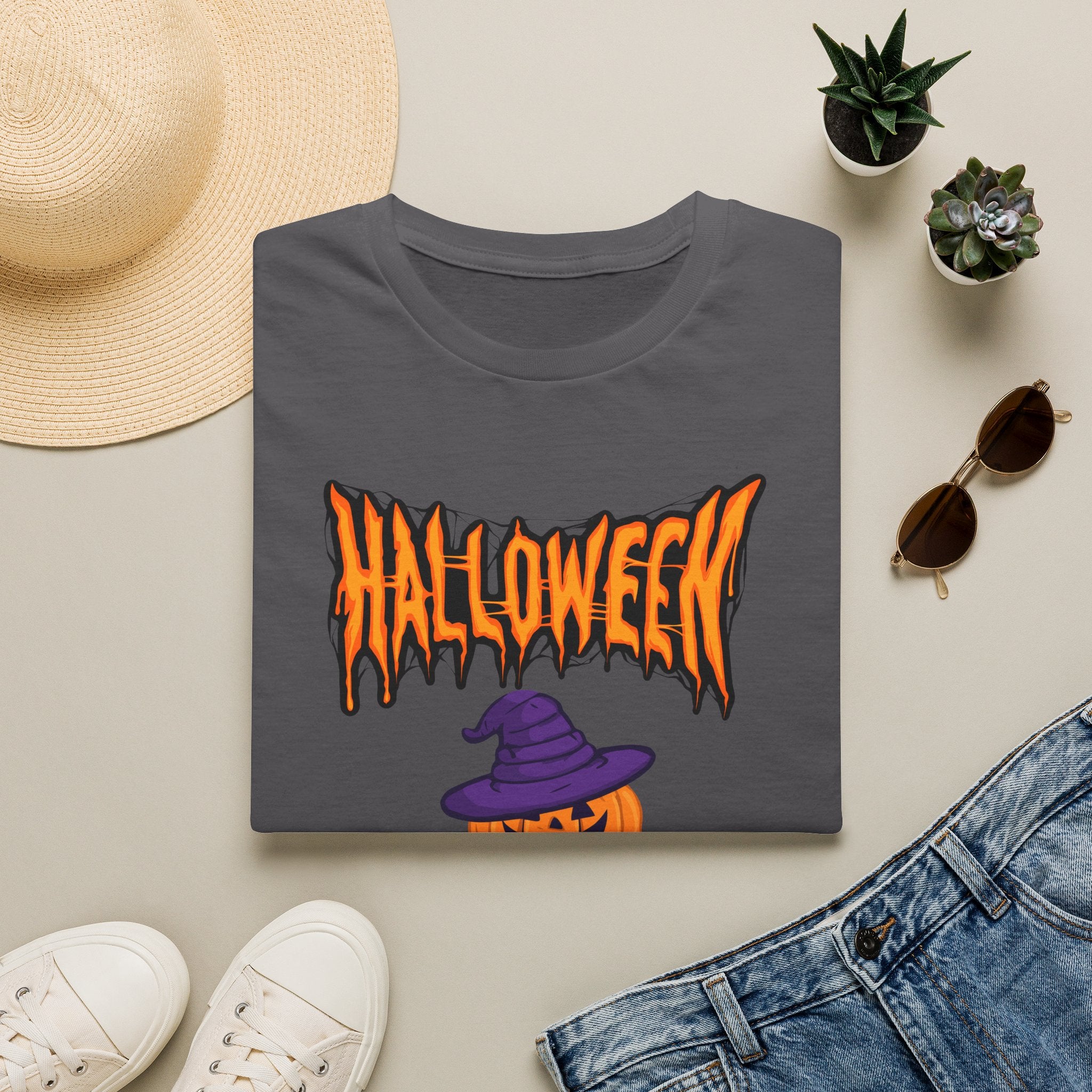 Halloween Stacked Jack-O'-Lantern T-Shirt — Cute Spooky Tee with Purple Witch Hat -  Cute Pumpkin Witch Hat Halloween Tee