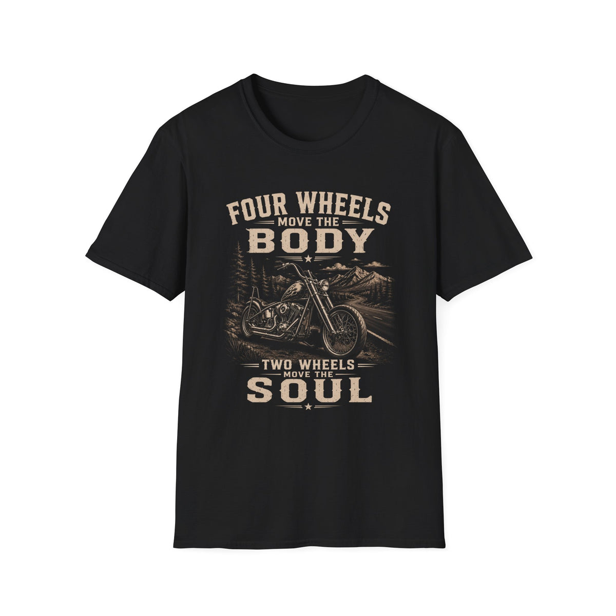 Motorcycle Tee — "Four Wheels Move the Body, Two Wheels Move the Soul" Vintage Motorcycle T‑Shirt