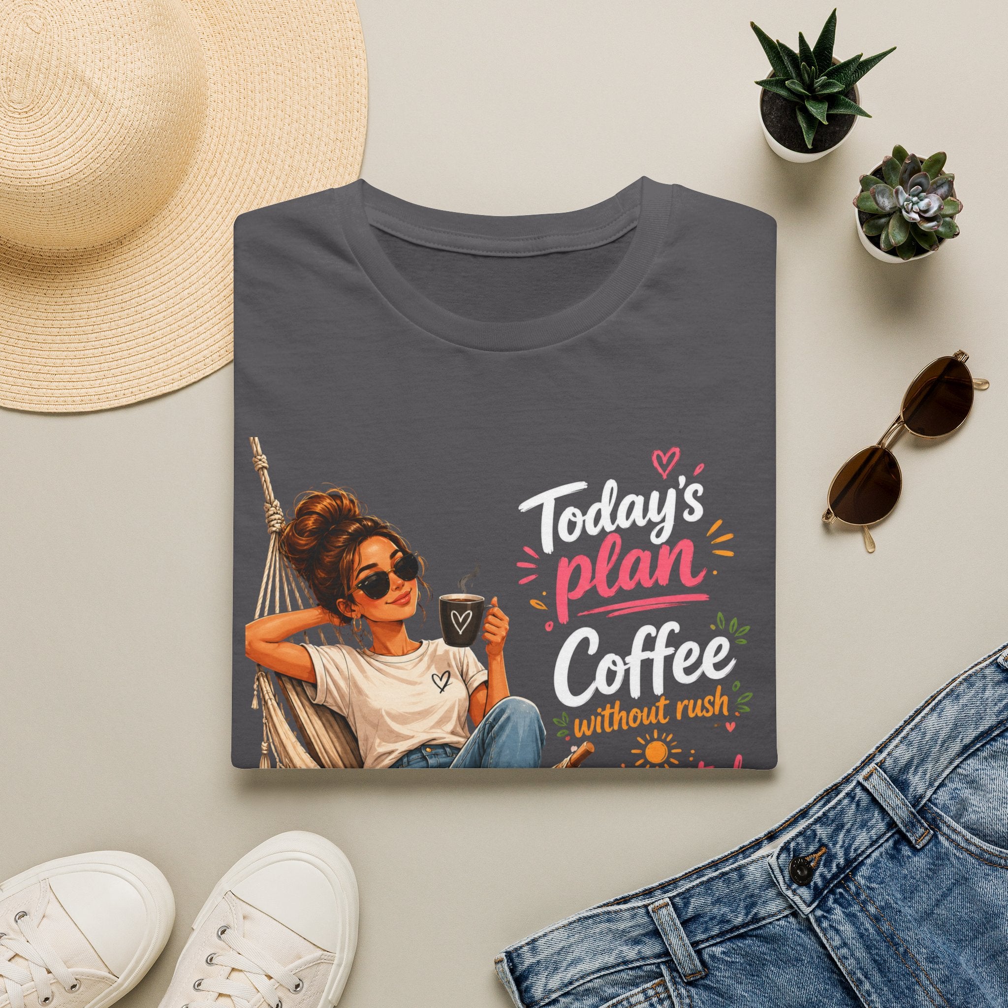 Coffee Tee — "Today's Plan: Coffee Without Rush" Relaxed Lounge T-Shirt