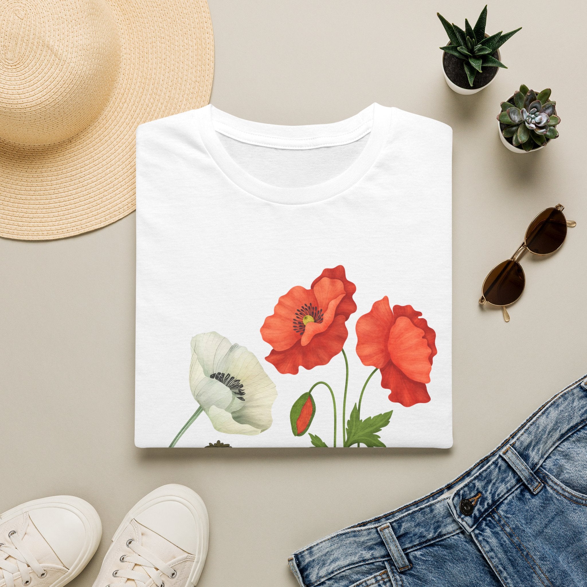Poppy Floral T‑Shirt — Vintage Red & White Poppy Garden Tee - Vintage Wildflower Garden Art