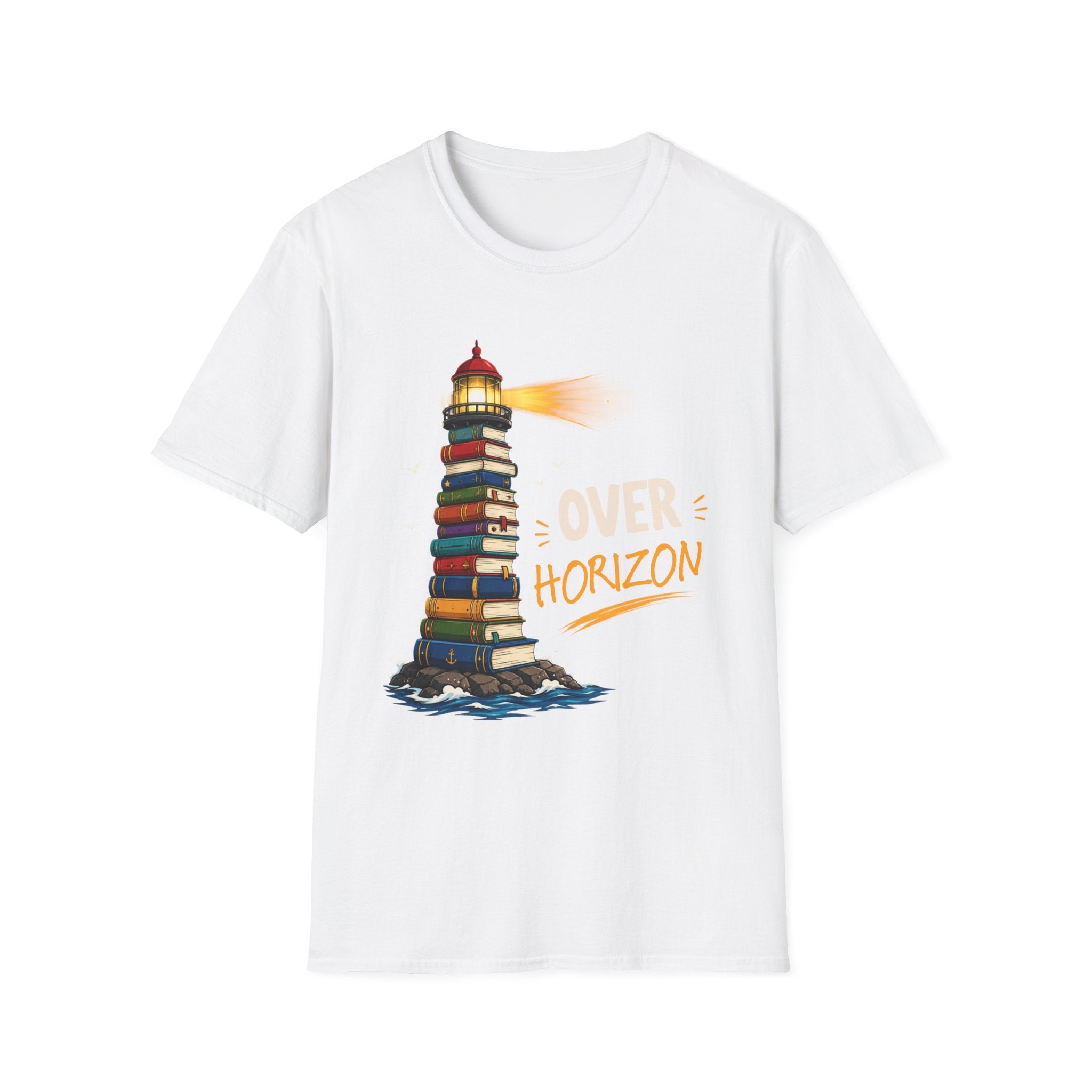 'Over the Horizon' Lighthouse Stack of Books Graphic Tee – Reading Lights the Way