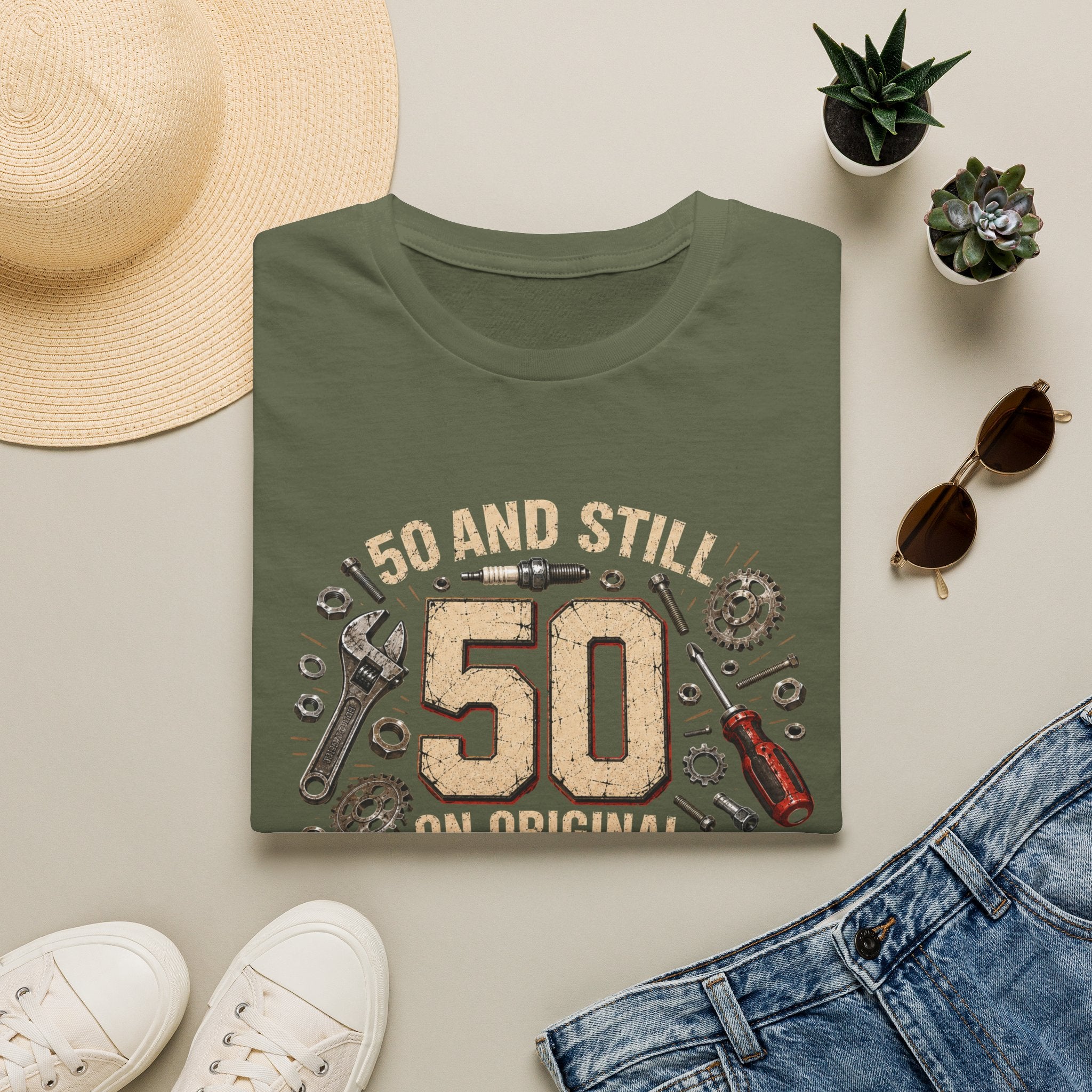 50 and Still Original Parts T-Shirt — Funny 50th Birthday Mechanic Gift