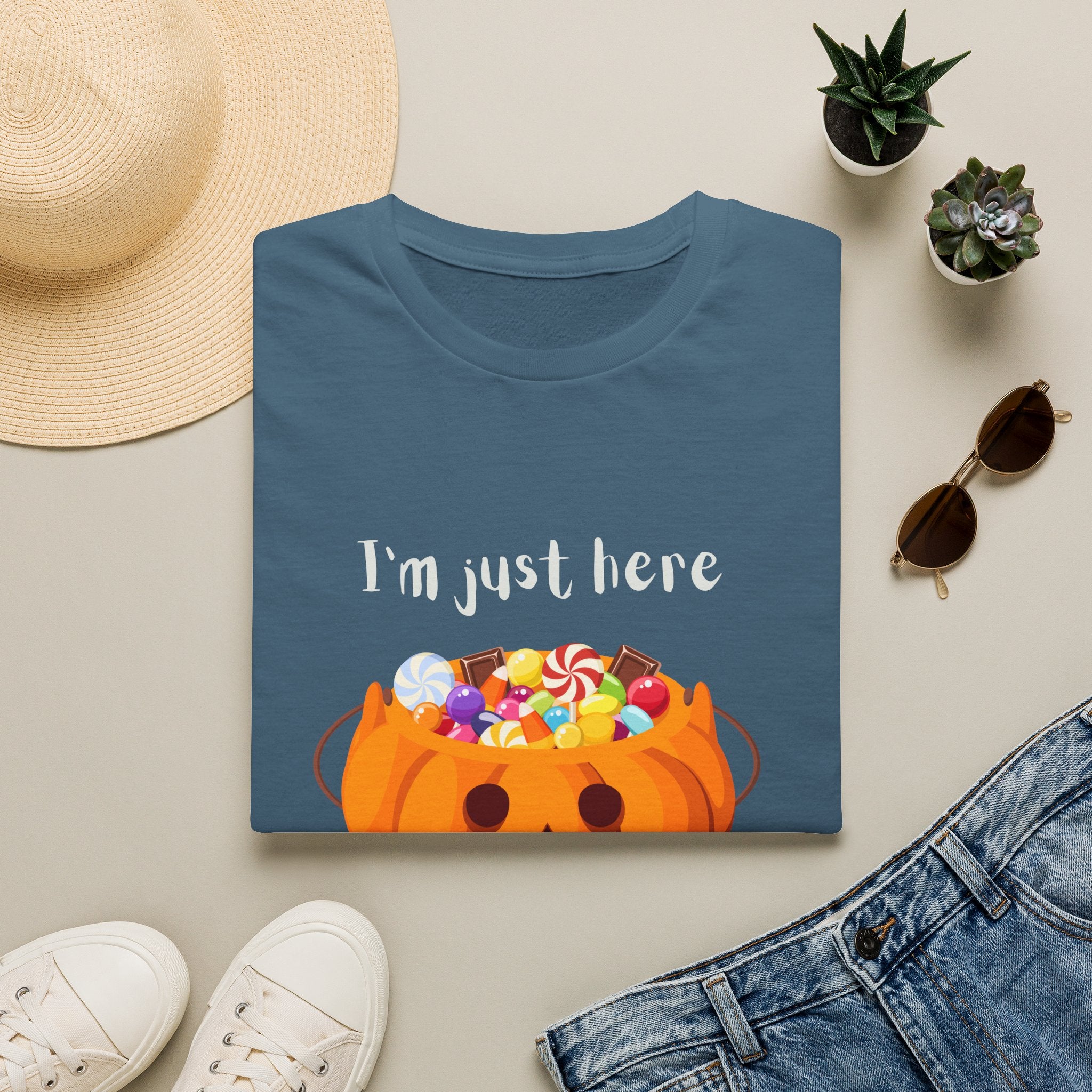 Halloween T-Shirt — "I'm Just Here for the Candy" Pumpkin Candy Bucket Tee