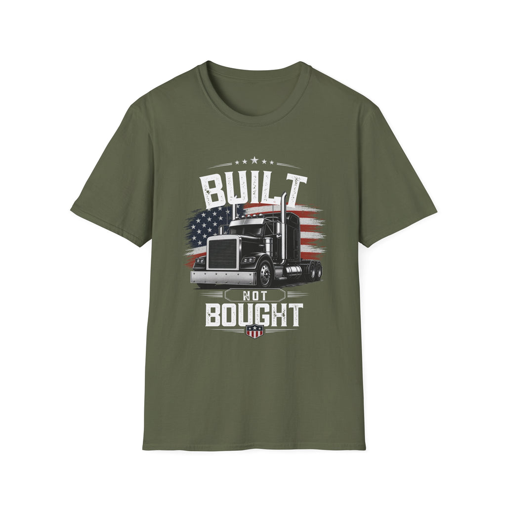 Truck Driver T‑Shirt – "Built Not Bought" American Flag Semi Truck Tee - American Trucker Pride Semi Truck Patriotic Design