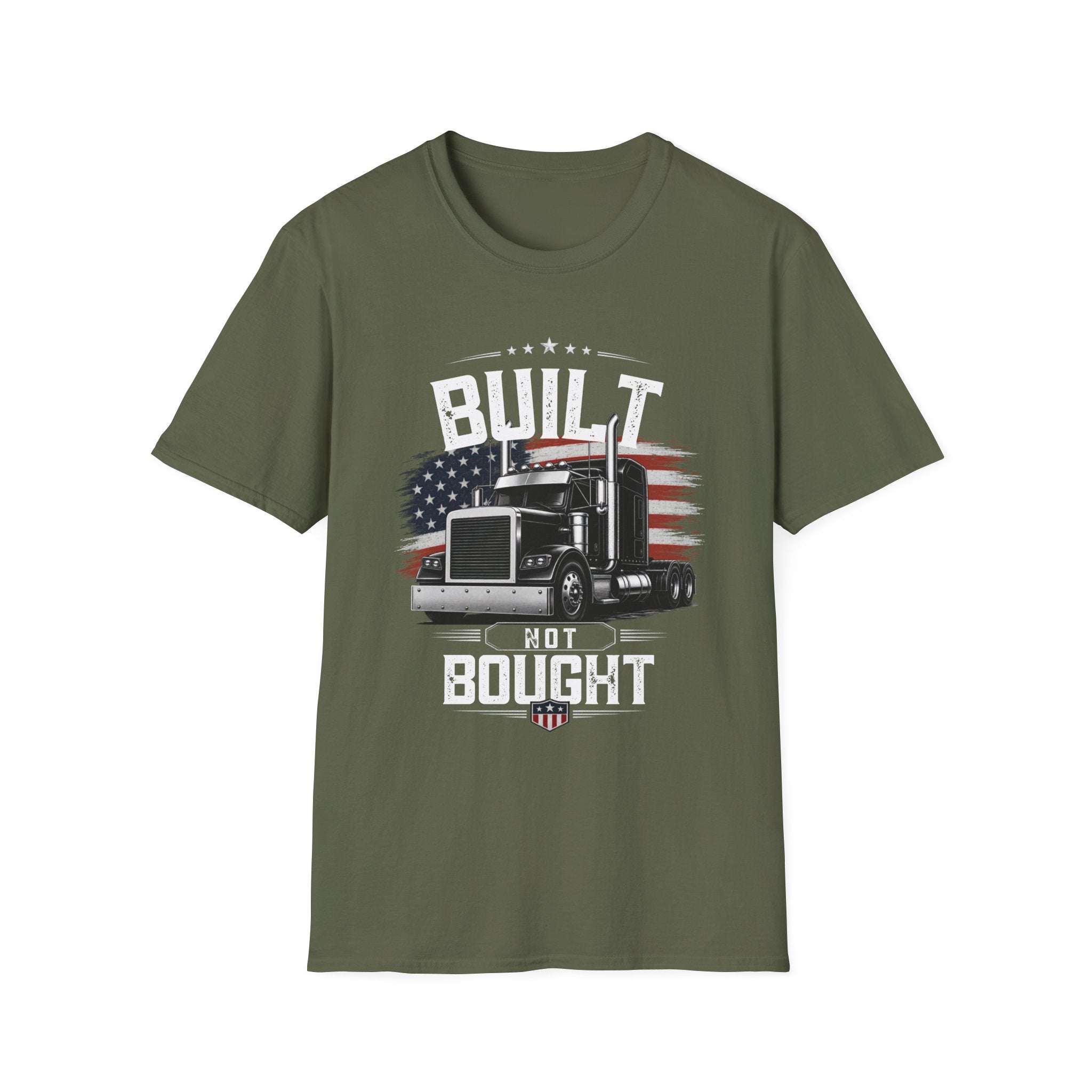 Truck Driver T‑Shirt – "Built Not Bought" American Flag Semi Truck Tee - American Trucker Pride Semi Truck Patriotic Design