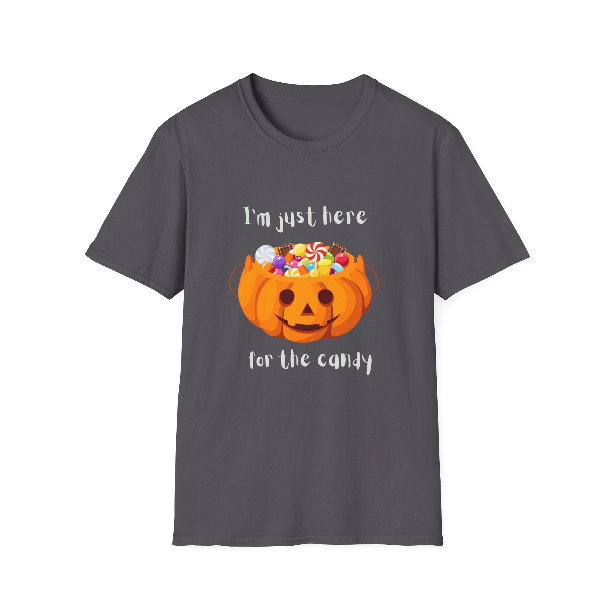 Halloween T-Shirt — "I'm Just Here for the Candy" Pumpkin Candy Bucket Tee