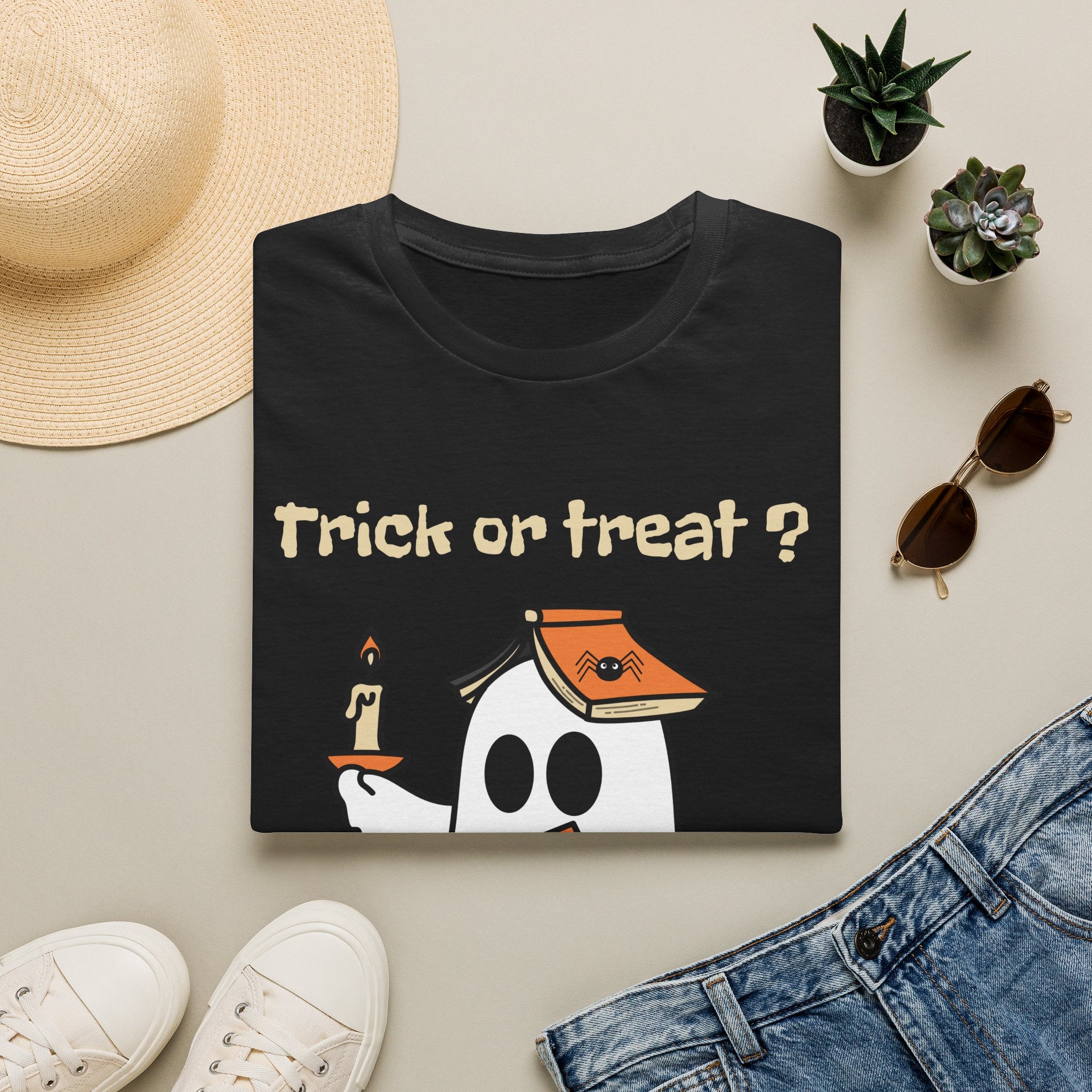Halloween Ghost T-Shirt — "Trick or Treat?" Cute Spooky Candy Tee - Ghost Reading a Spooky Book Halloween Design