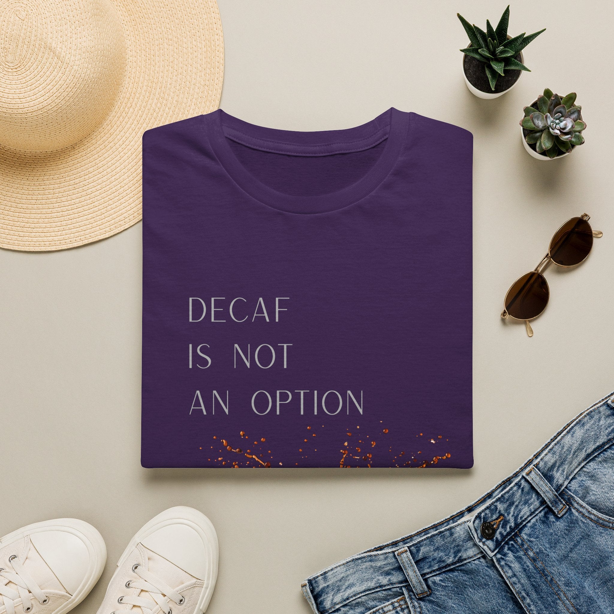 Coffee T-Shirt — “Decaf Is Not An Option” Splash Design – Funny Coffee Lover Graphic T-Shirt