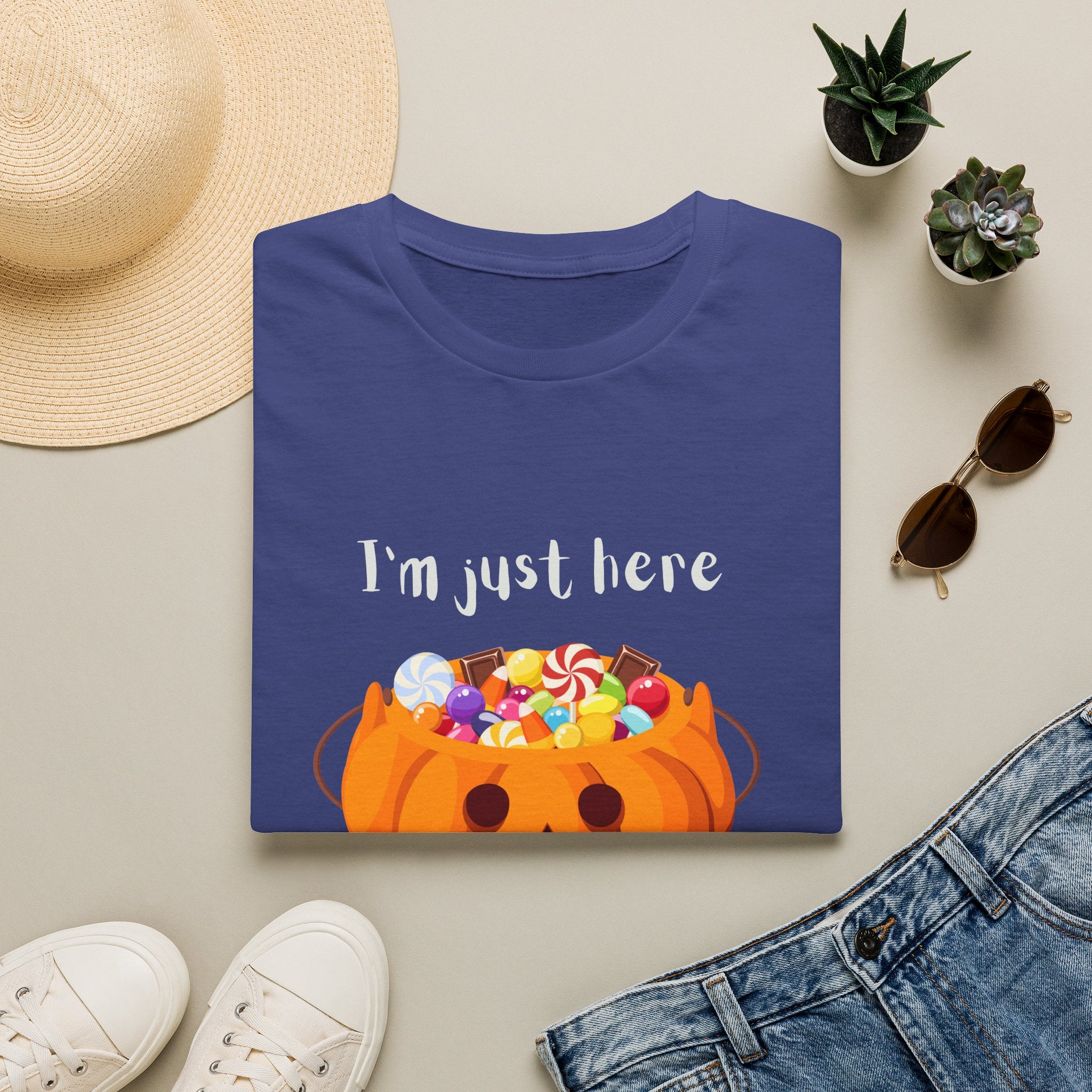 Halloween T-Shirt — "I'm Just Here for the Candy" Pumpkin Candy Bucket Tee