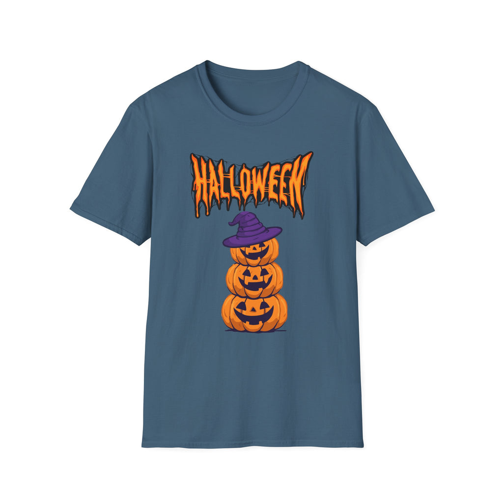 Halloween Stacked Jack-O'-Lantern T-Shirt — Cute Spooky Tee with Purple Witch Hat -  Cute Pumpkin Witch Hat Halloween Tee