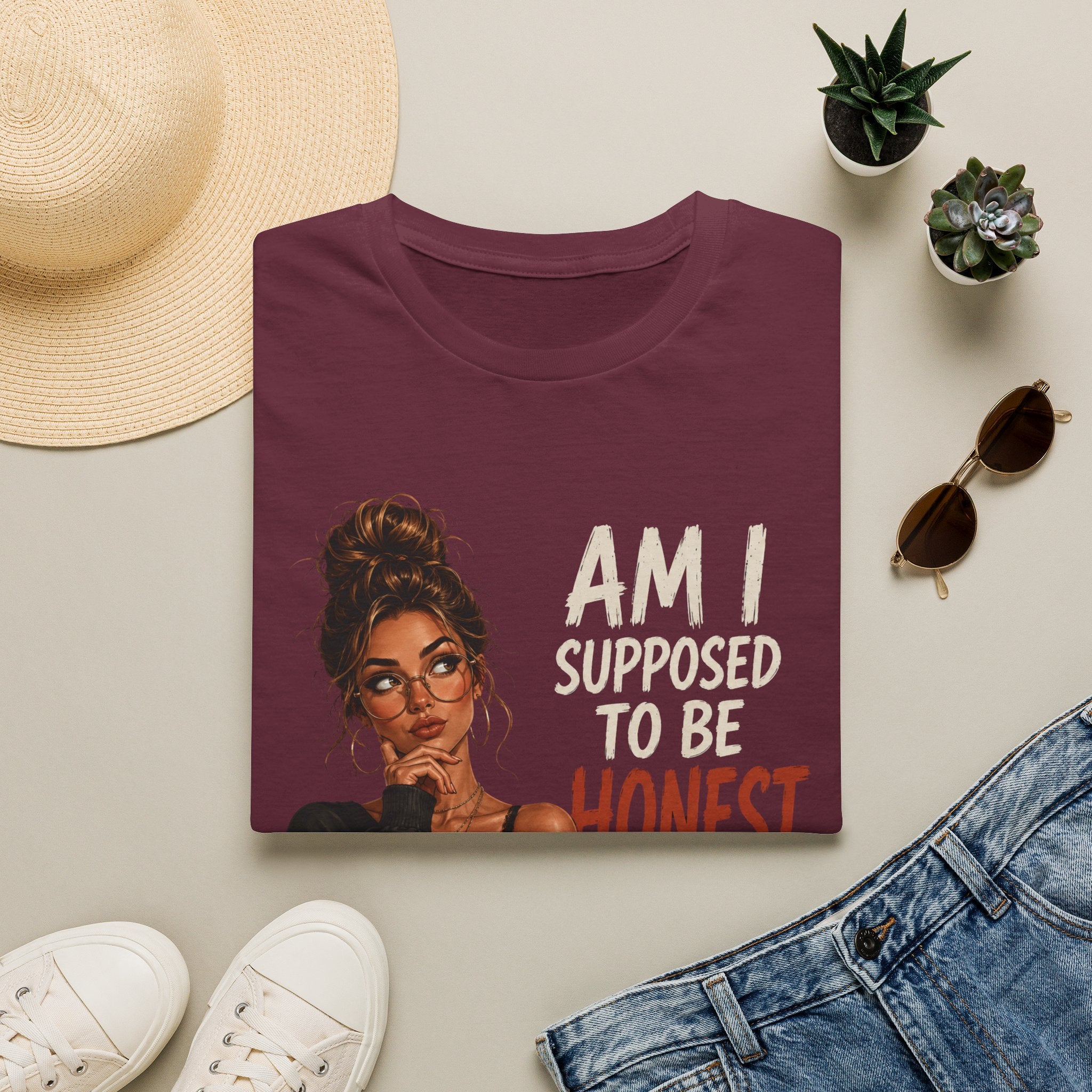"Am I Supposed to Be Honest or Nice?" -  Funny Women Quote Design - Stylish Brunette Illustration