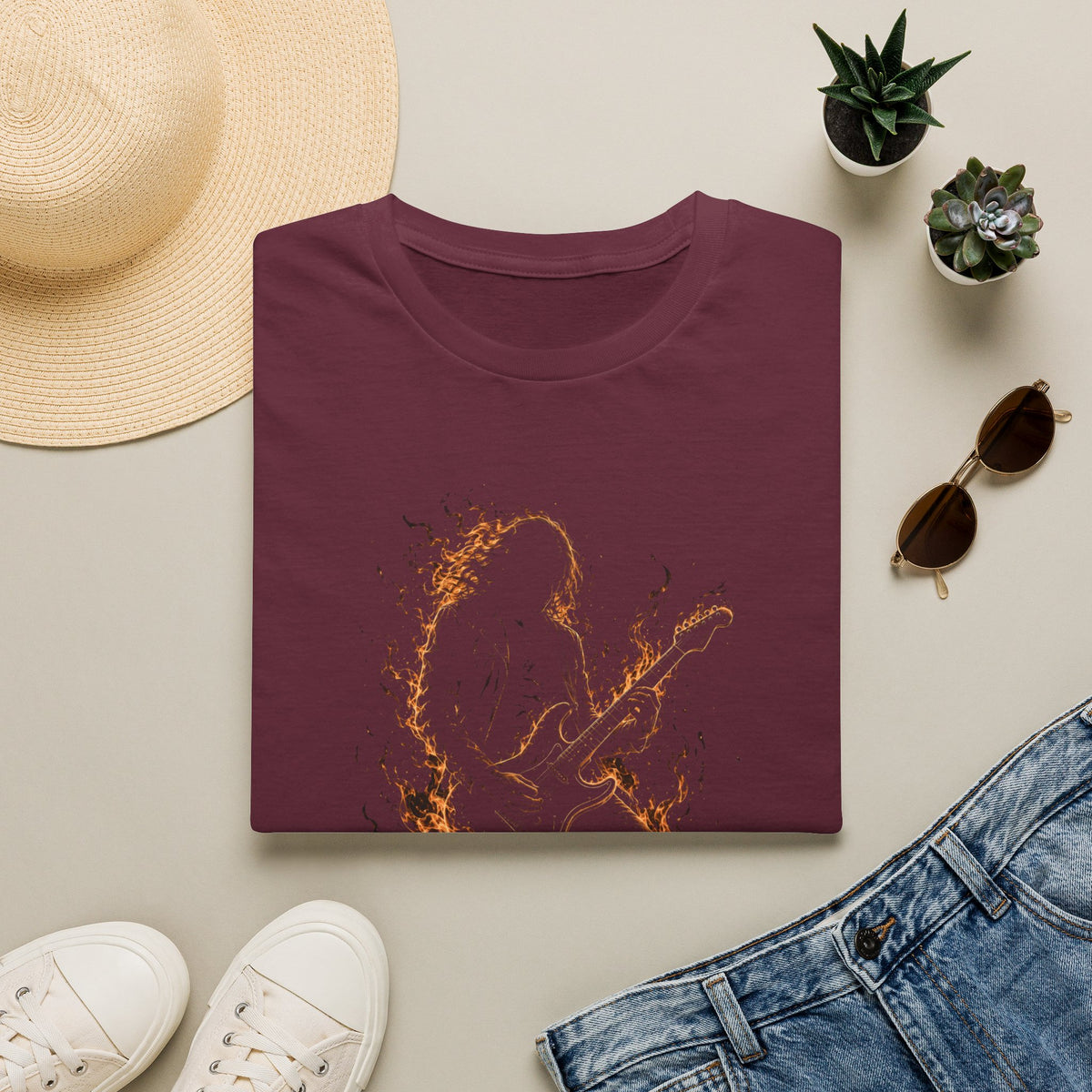 Abstract Guitarist T‑Shirt — Minimalist Flaming Guitar Music Tee - Born in the Fire of Rock | Flaming Guitarist Silhouette Art