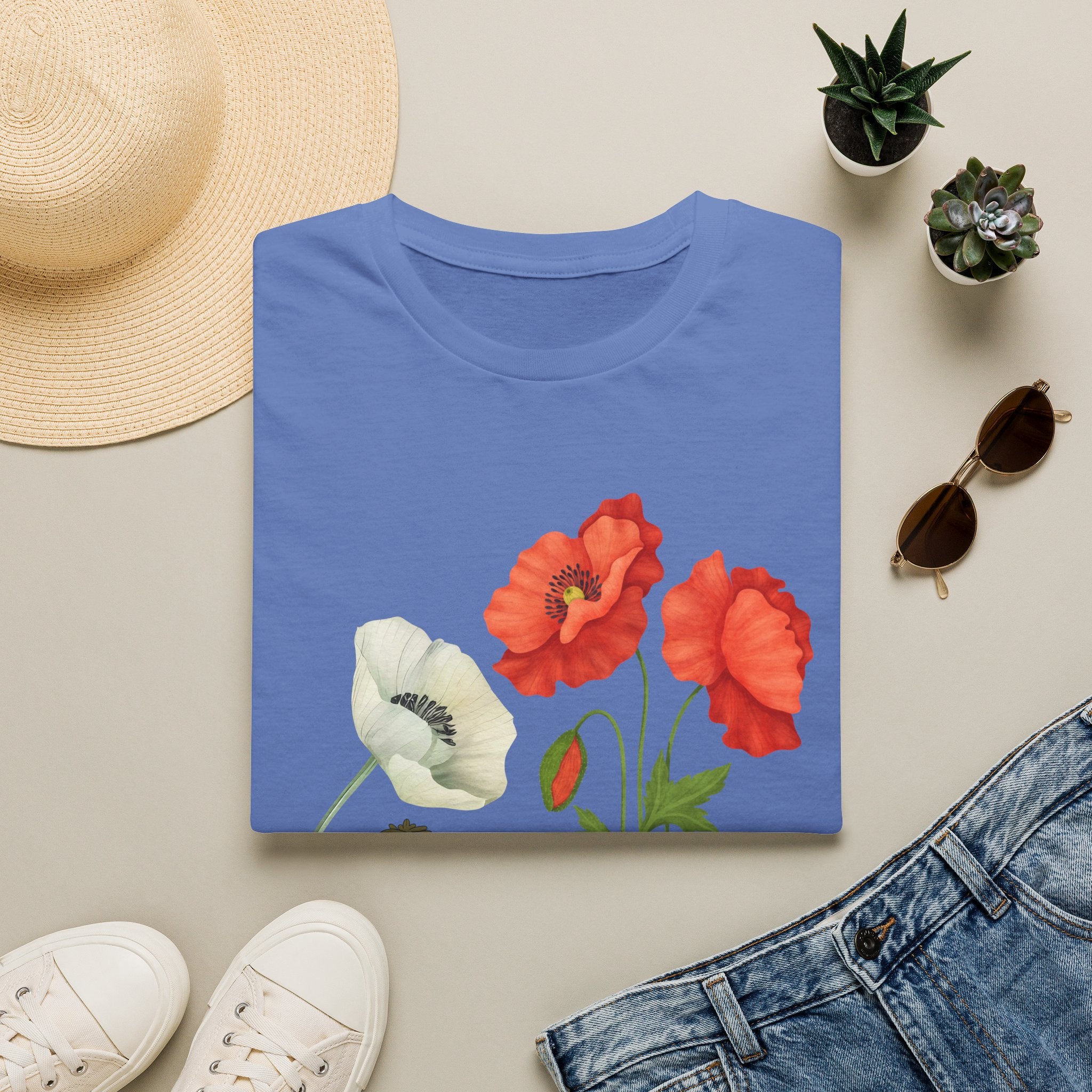 Poppy Floral T‑Shirt — Vintage Red & White Poppy Garden Tee - Vintage Wildflower Garden Art