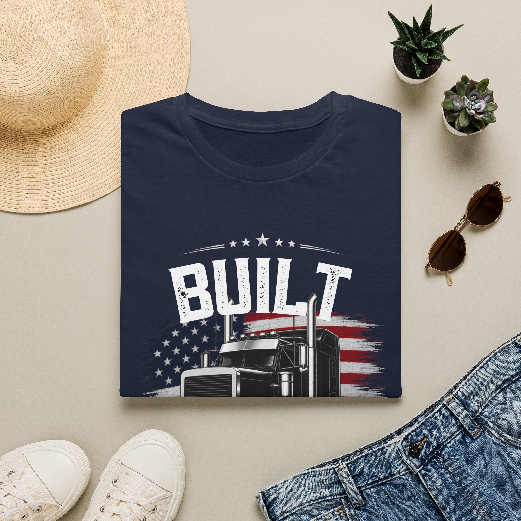 Truck Driver T‑Shirt – "Built Not Bought" American Flag Semi Truck Tee - American Trucker Pride Semi Truck Patriotic Design