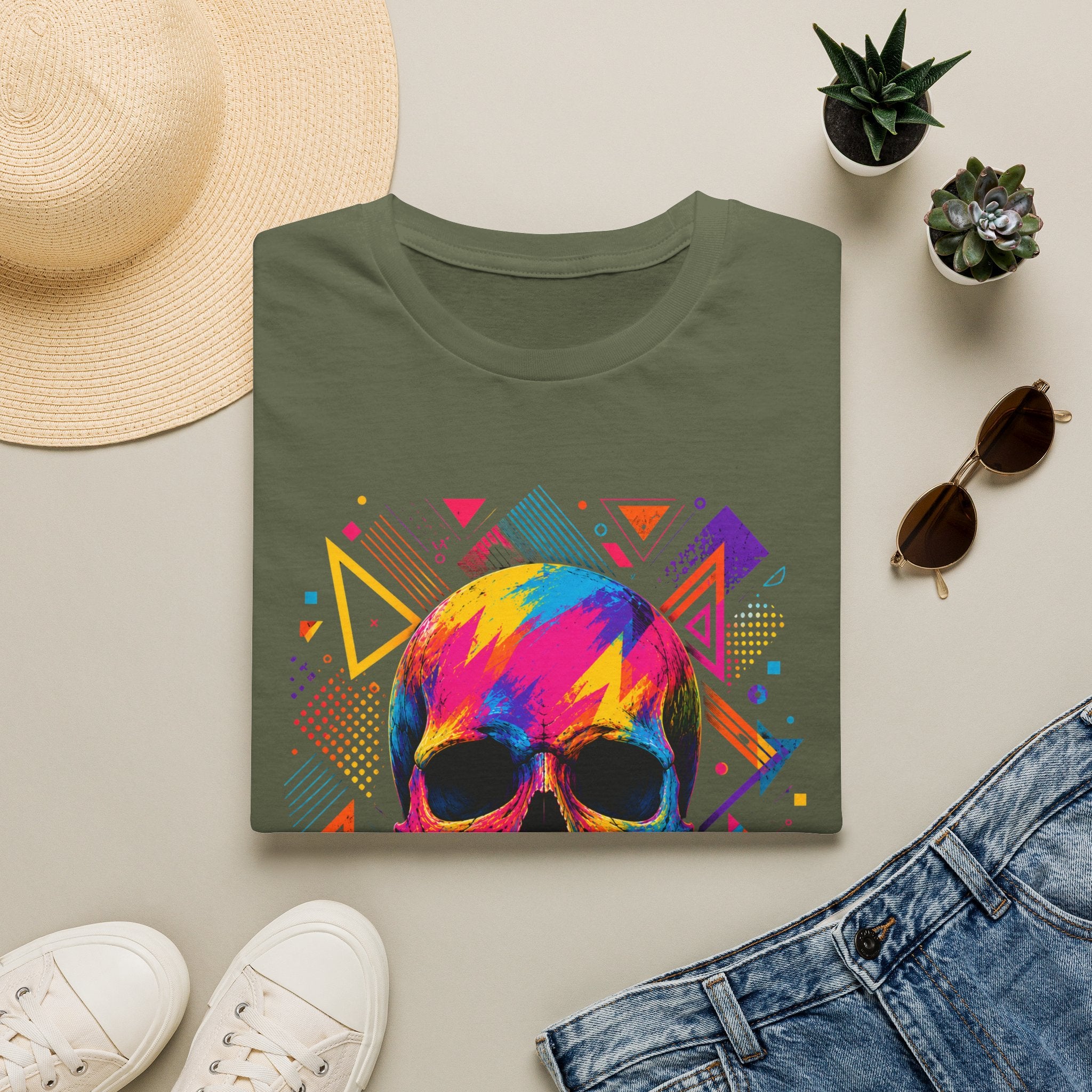 Colorful Geometric Skull T-Shirt -Neon Pop Art Skull – Colorful Retro Geometric Design