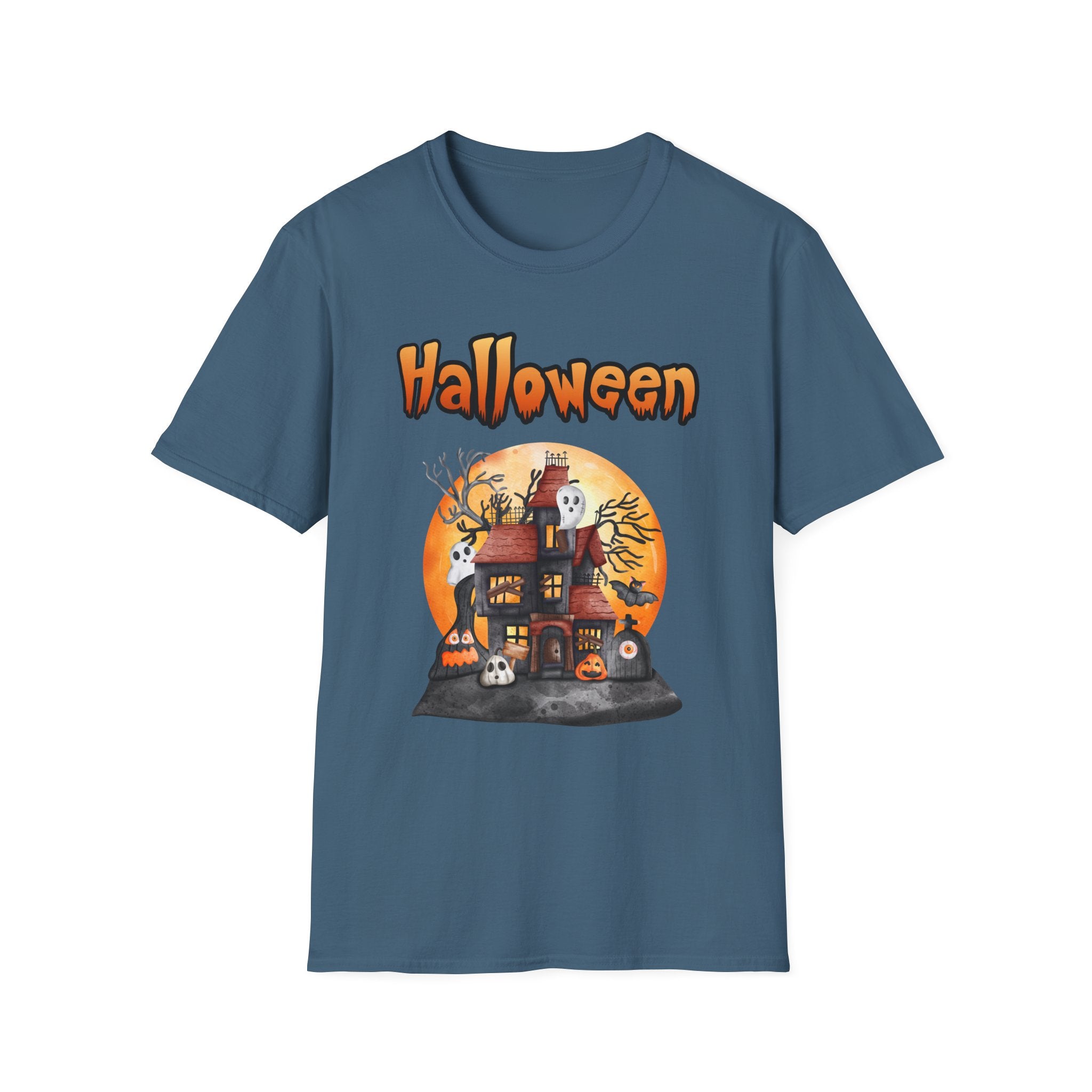Halloween Haunted House T-Shirt — Spooky Pumpkin Moon Design -  Cute Spooky Haunted Mansion Ghost Pumpkin Fall Tee
