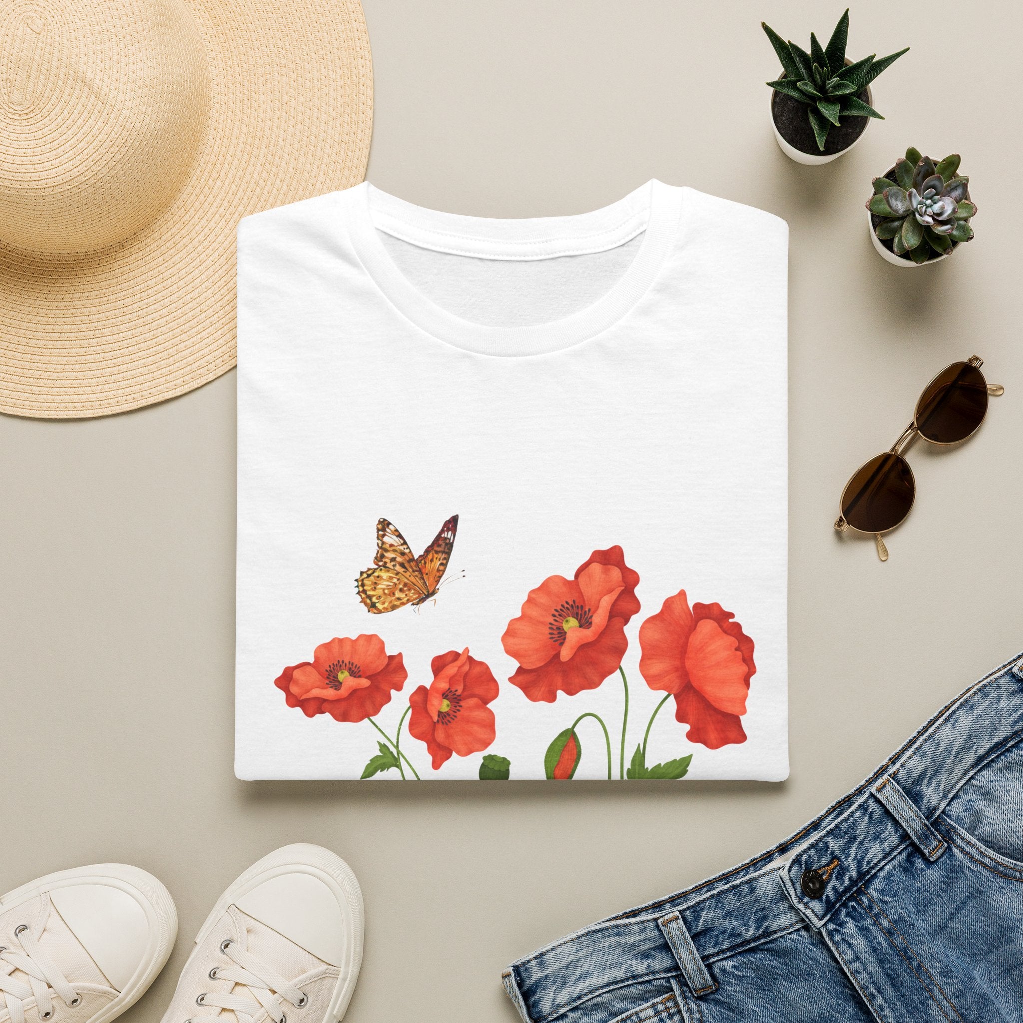 Poppy Field Tee — Red Poppies & Butterfly Floral T-Shirt
