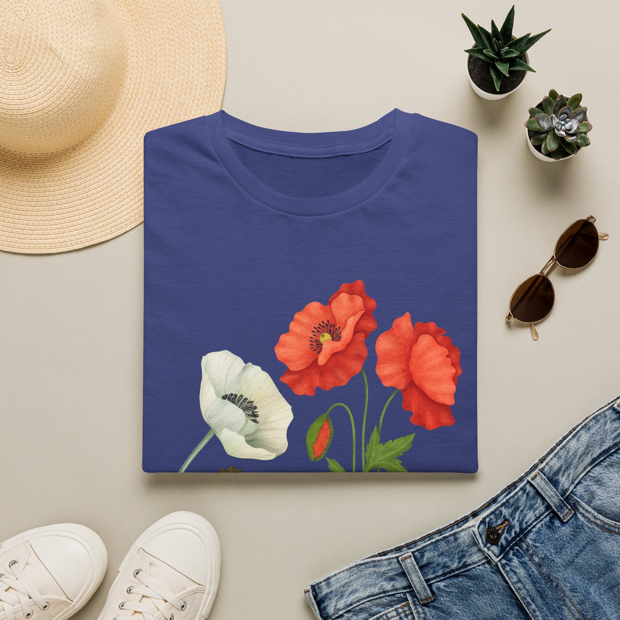 Poppy Floral T‑Shirt — Vintage Red & White Poppy Garden Tee - Vintage Wildflower Garden Art