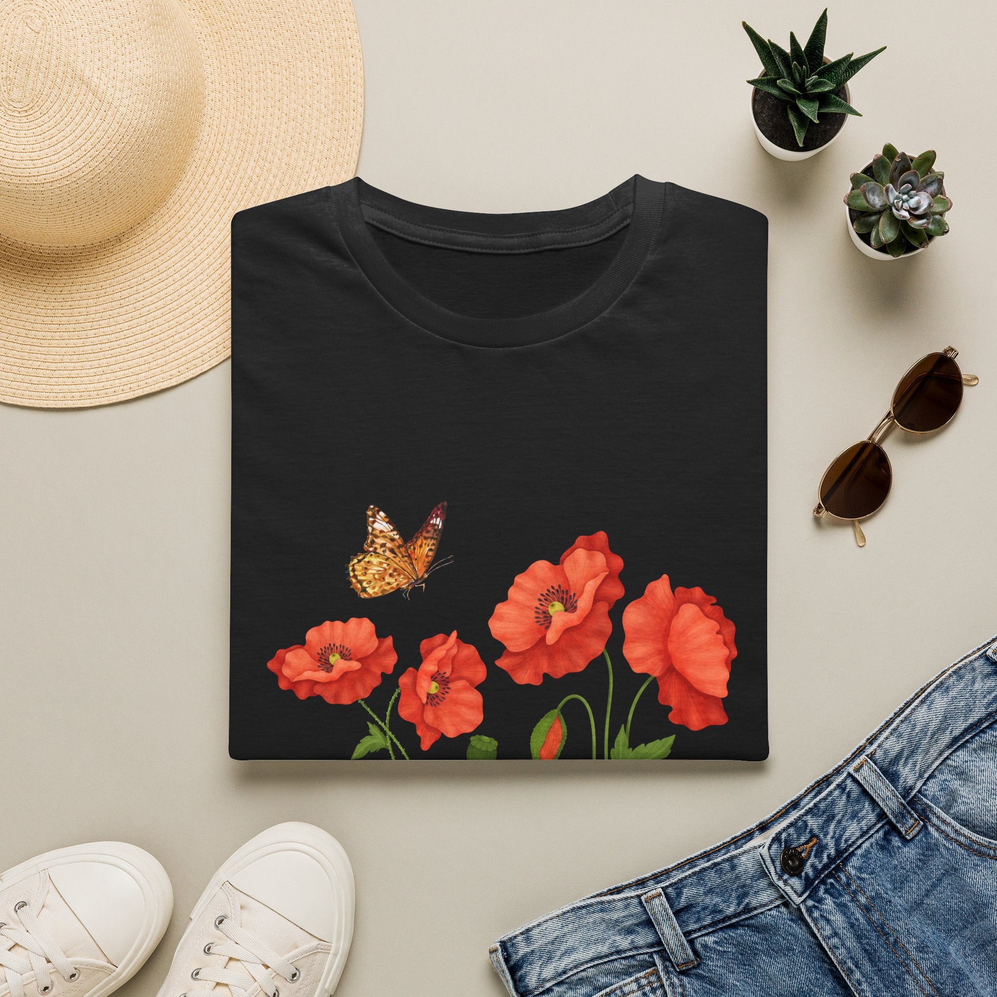 Poppy Field Tee — Red Poppies & Butterfly Floral T-Shirt
