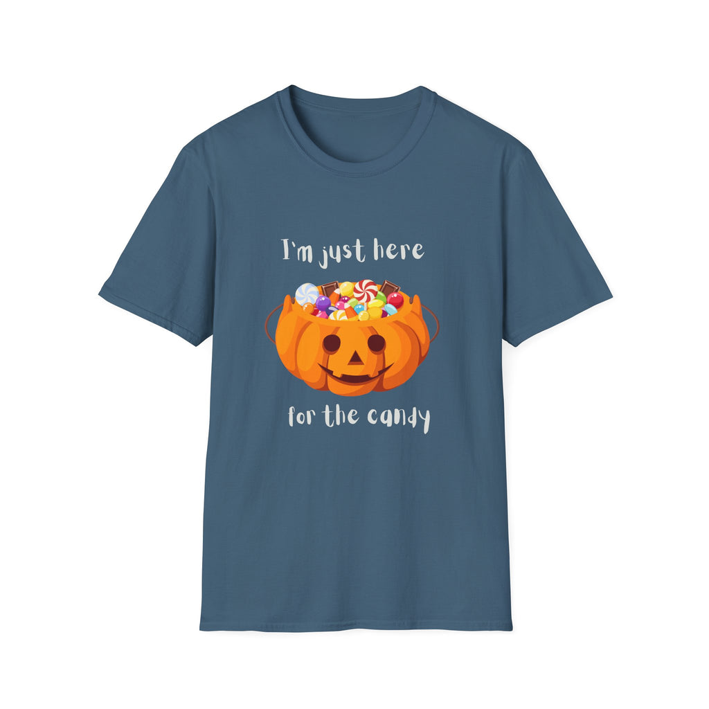 Halloween T-Shirt — "I'm Just Here for the Candy" Pumpkin Candy Bucket Tee