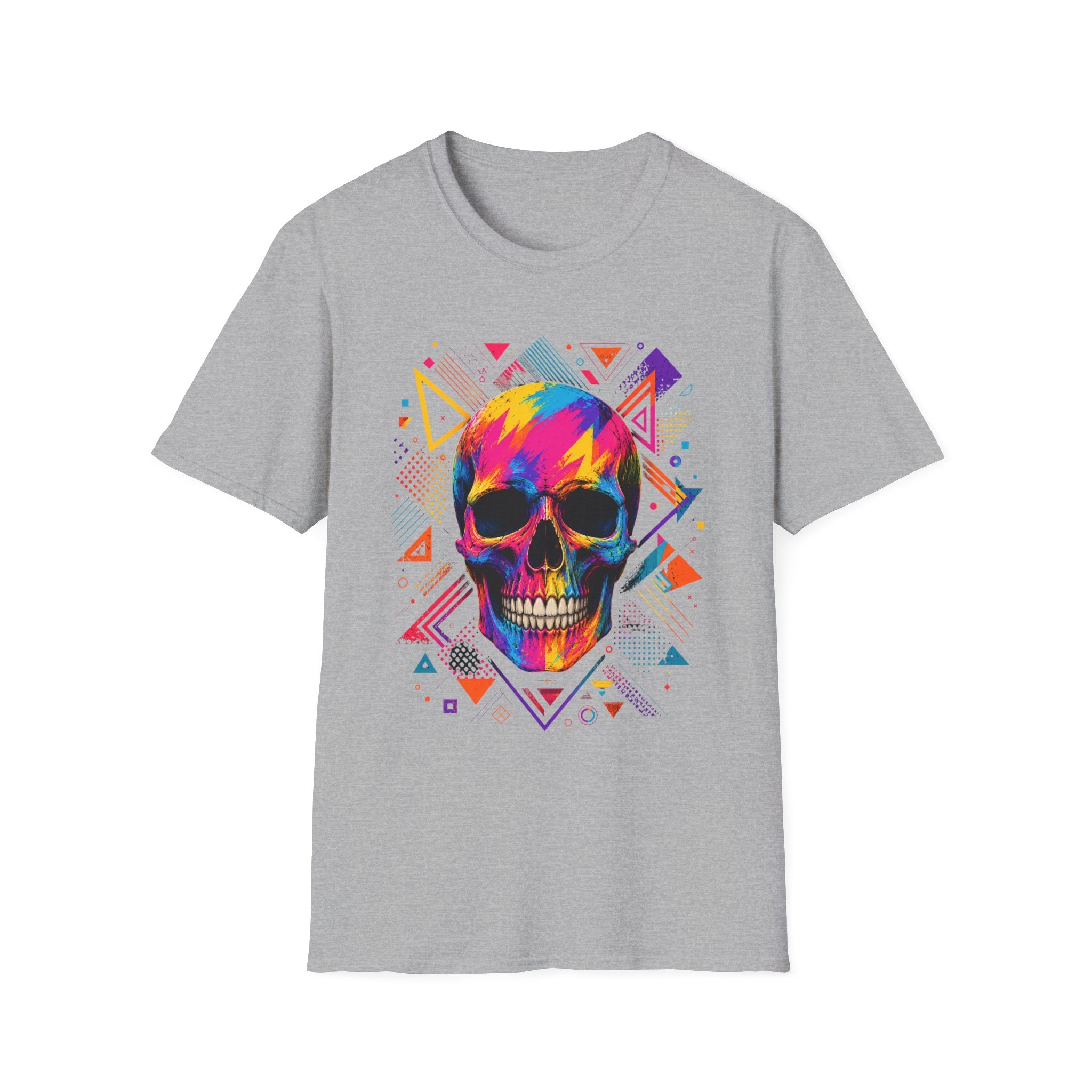 Colorful Geometric Skull T-Shirt -Neon Pop Art Skull – Colorful Retro Geometric Design