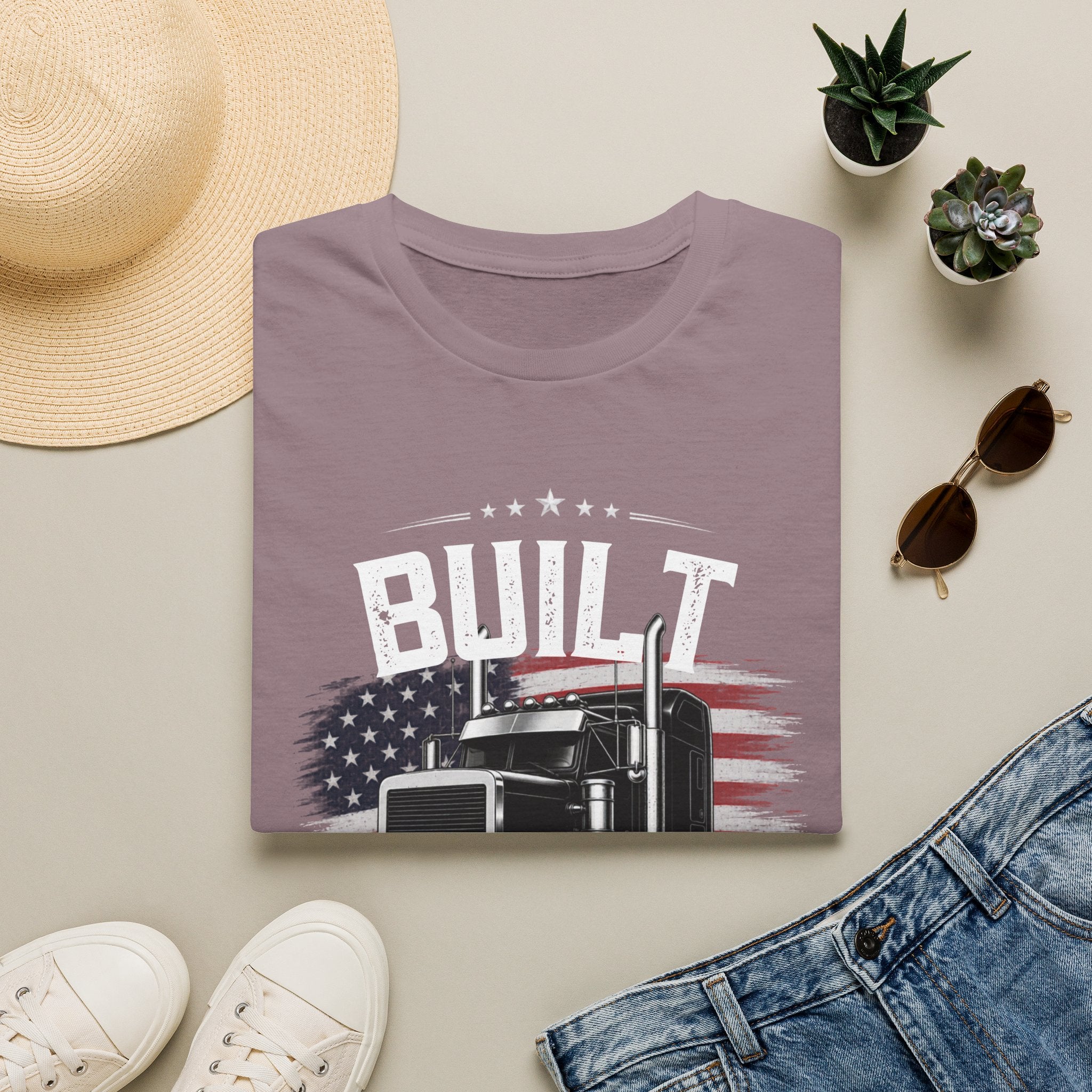 Truck Driver T‑Shirt – "Built Not Bought" American Flag Semi Truck Tee - American Trucker Pride Semi Truck Patriotic Design