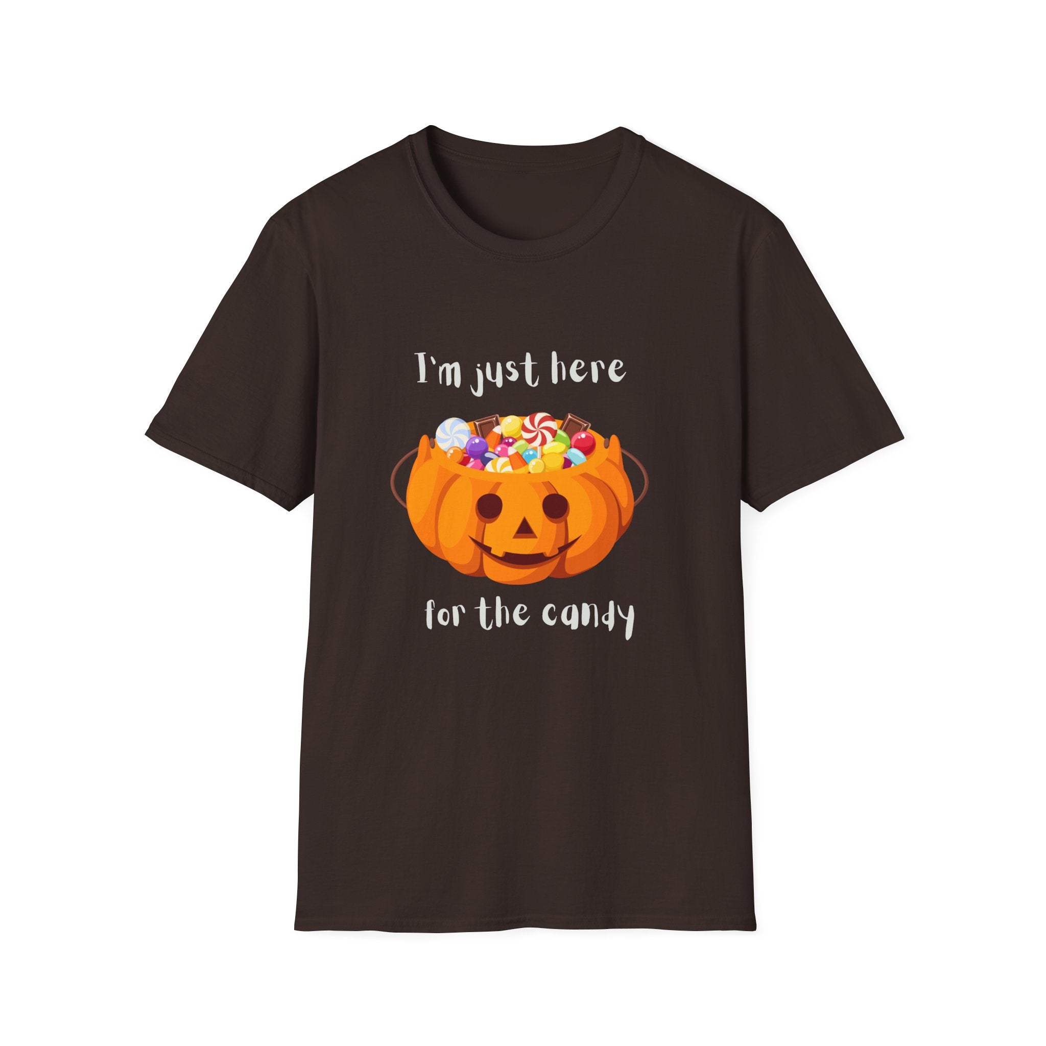 Halloween T-Shirt — "I'm Just Here for the Candy" Pumpkin Candy Bucket Tee