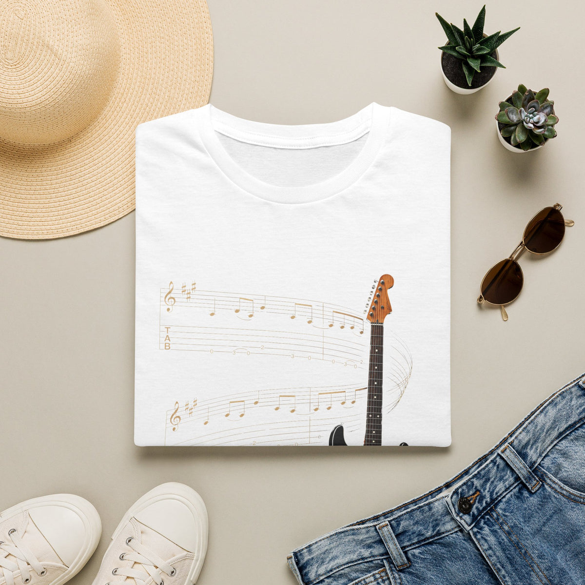 Electric Guitar T‑Shirt — Vintage Sunburst Guitar with Musical Notes - Where Music Takes Flight | Electric Guitar & Tablature Art Design