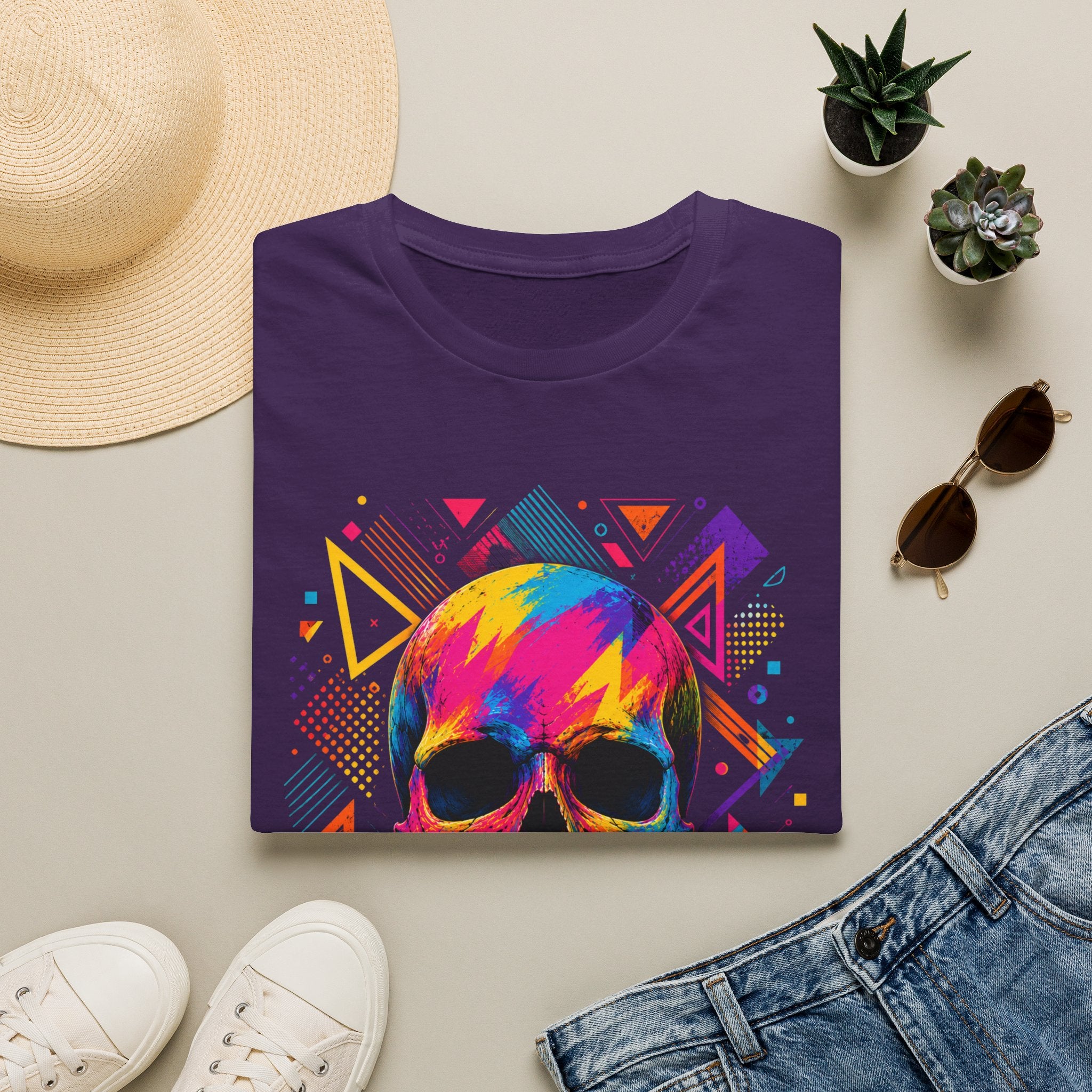 Colorful Geometric Skull T-Shirt -Neon Pop Art Skull – Colorful Retro Geometric Design