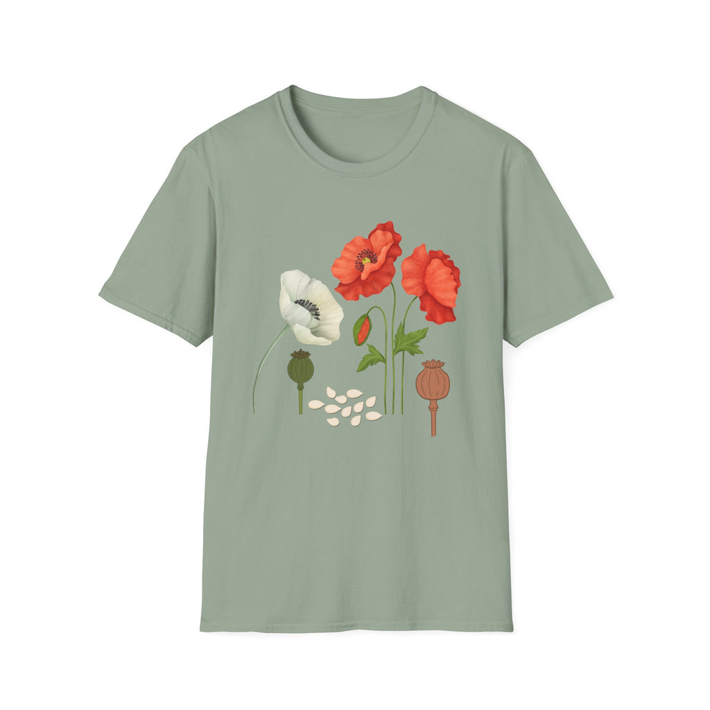 Poppy Floral T‑Shirt — Vintage Red & White Poppy Garden Tee - Vintage Wildflower Garden Art
