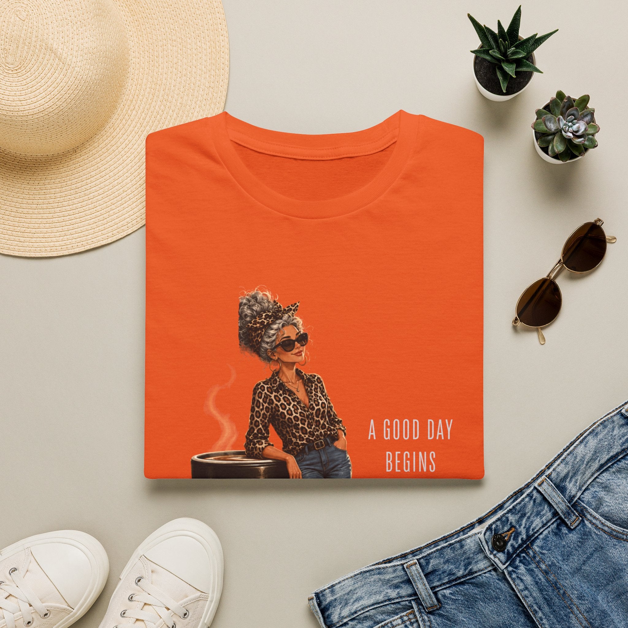Coffee Vibes T-Shirt — “A Good Day Begins” Retro Chic Coffee Shirt -Stylish Coffee Lover Woman Design
