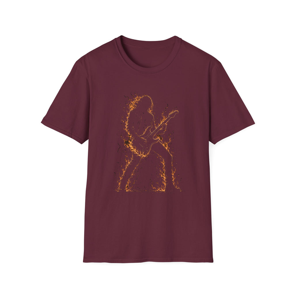 Abstract Guitarist T‑Shirt — Minimalist Flaming Guitar Music Tee - Born in the Fire of Rock | Flaming Guitarist Silhouette Art