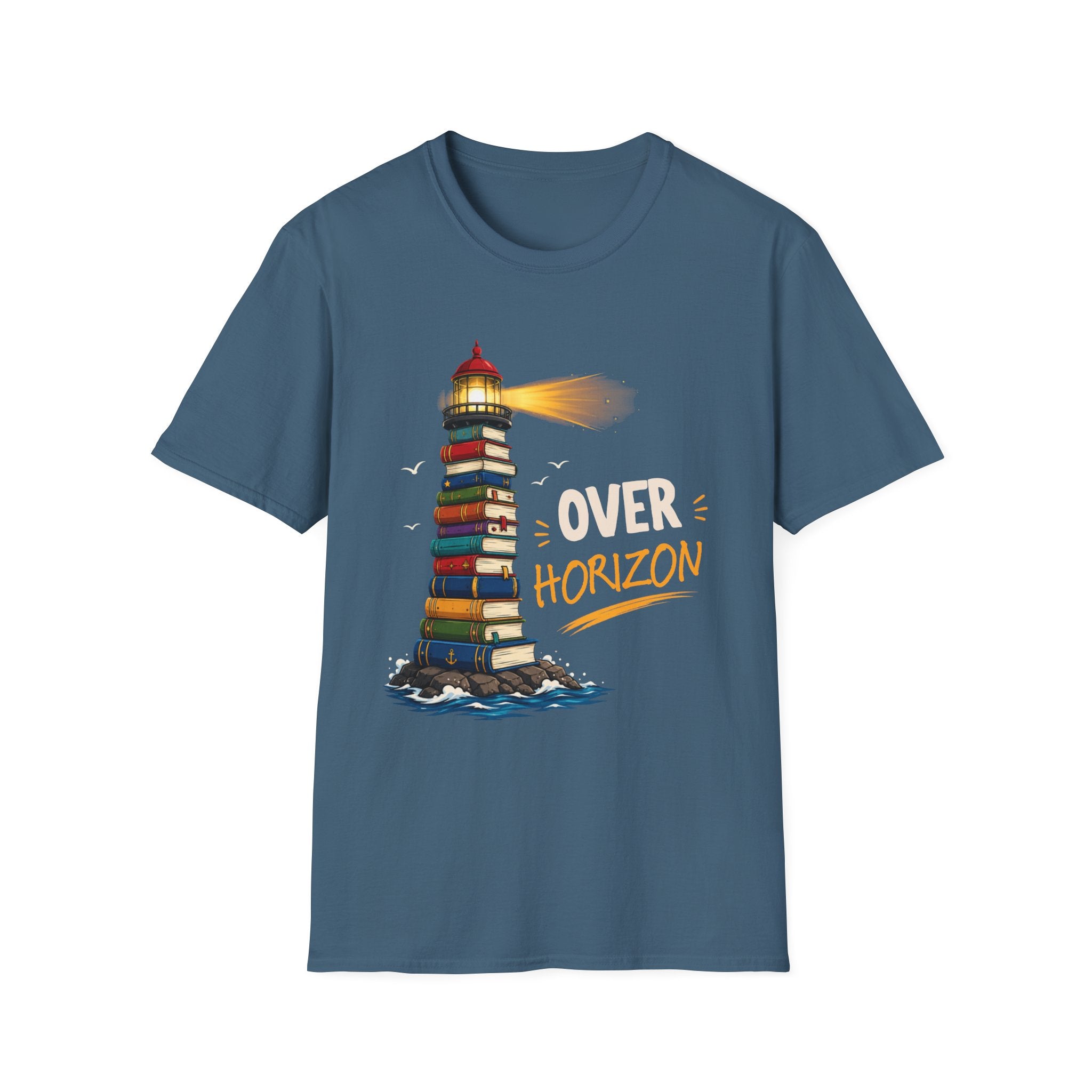 'Over the Horizon' Lighthouse Stack of Books Graphic Tee – Reading Lights the Way