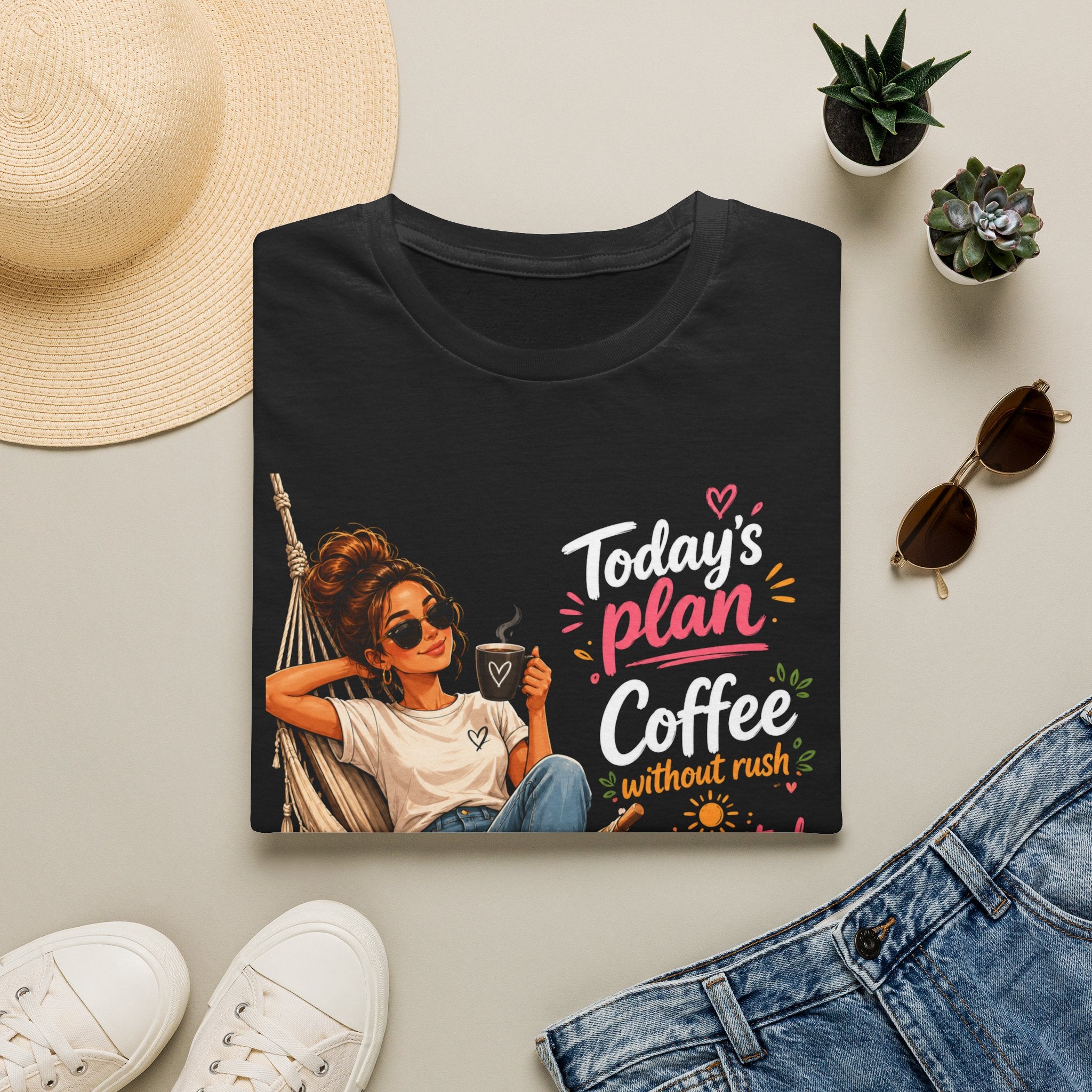 Coffee Tee — "Today's Plan: Coffee Without Rush" Relaxed Lounge T-Shirt