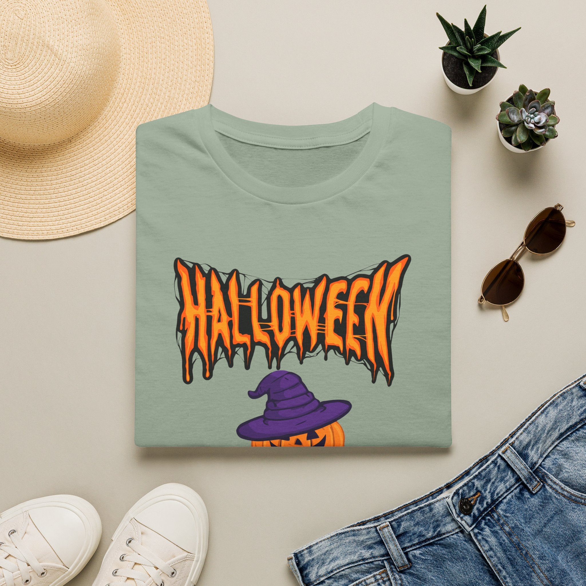Halloween Stacked Jack-O'-Lantern T-Shirt — Cute Spooky Tee with Purple Witch Hat -  Cute Pumpkin Witch Hat Halloween Tee