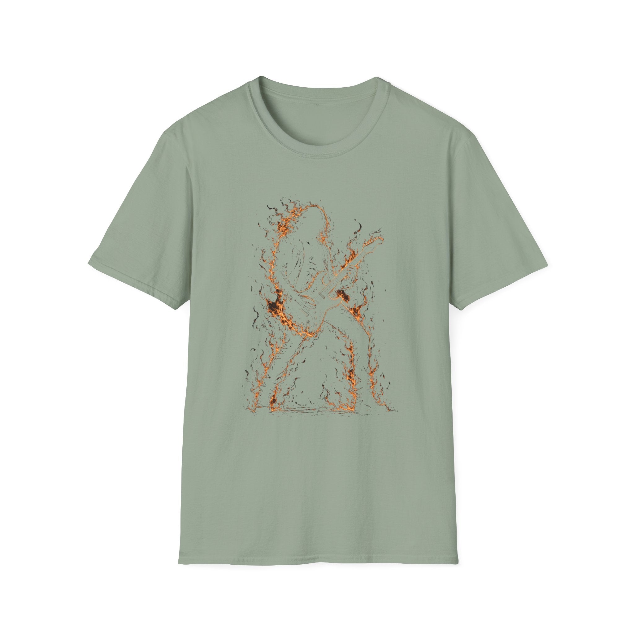Abstract Guitarist T‑Shirt — Minimalist Flaming Guitar Music Tee - Born in the Fire of Rock | Flaming Guitarist Silhouette Art