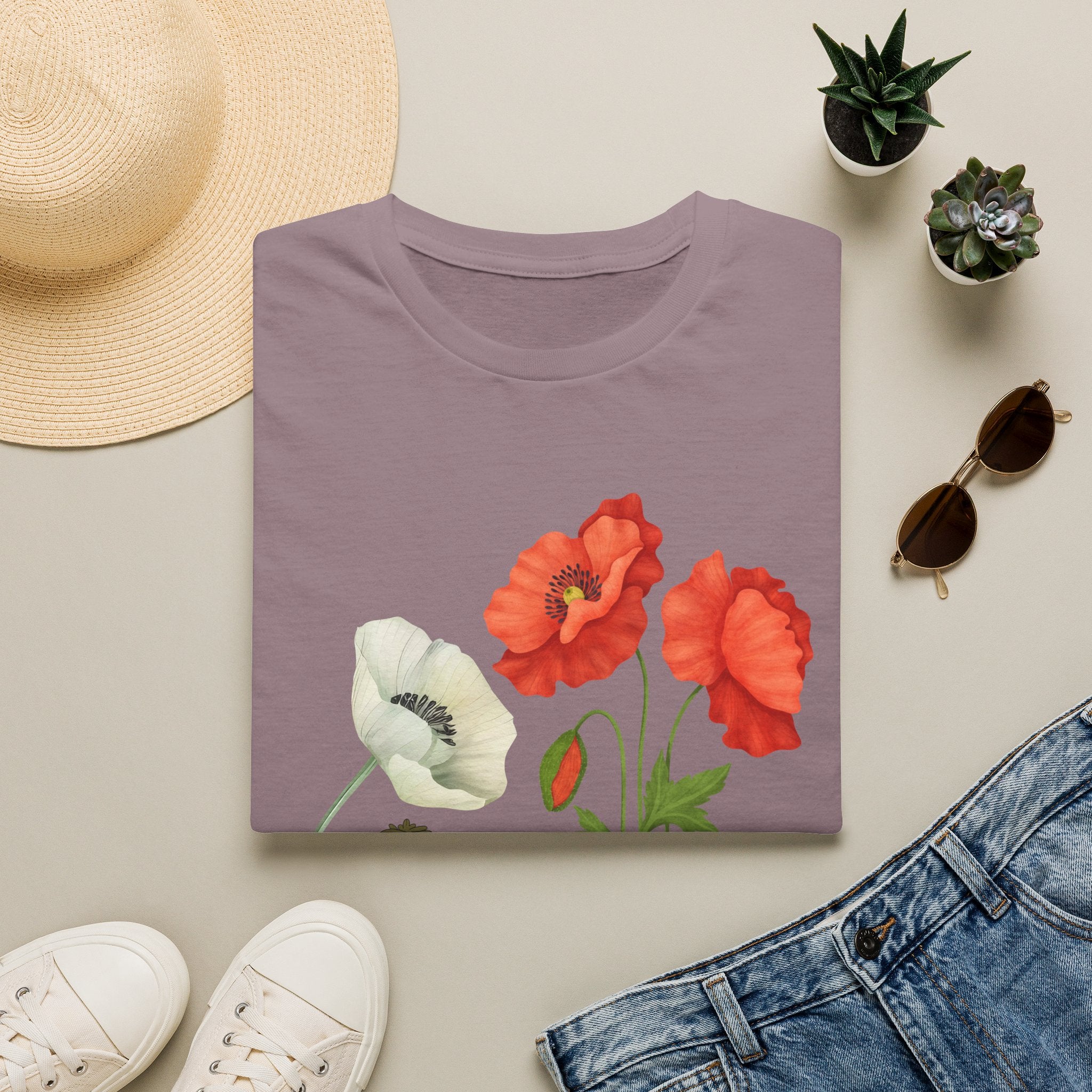 Poppy Floral T‑Shirt — Vintage Red & White Poppy Garden Tee - Vintage Wildflower Garden Art
