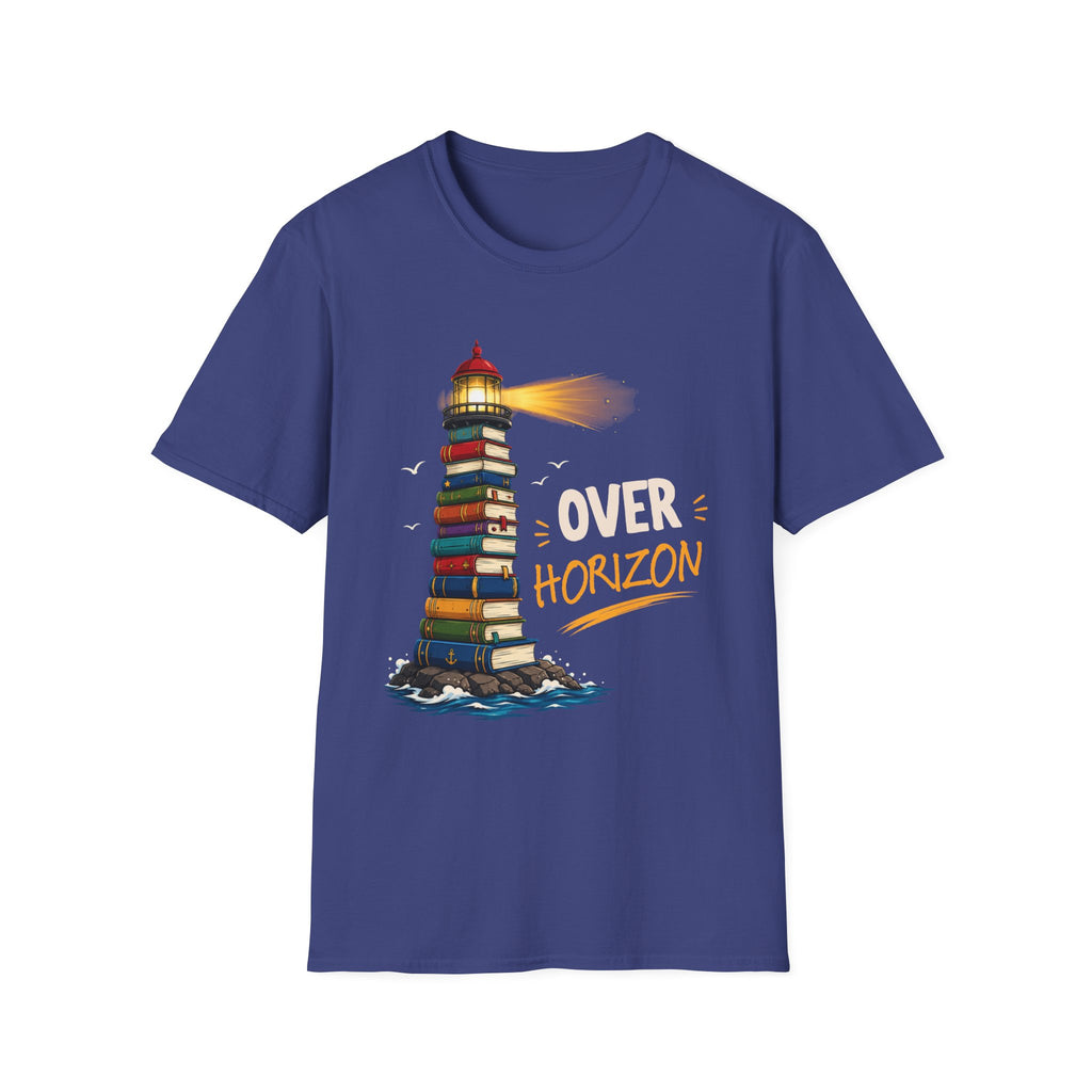 'Over the Horizon' Lighthouse Stack of Books Graphic Tee – Reading Lights the Way