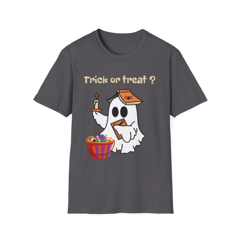 Halloween Ghost T-Shirt — "Trick or Treat?" Cute Spooky Candy Tee - Ghost Reading a Spooky Book Halloween Design