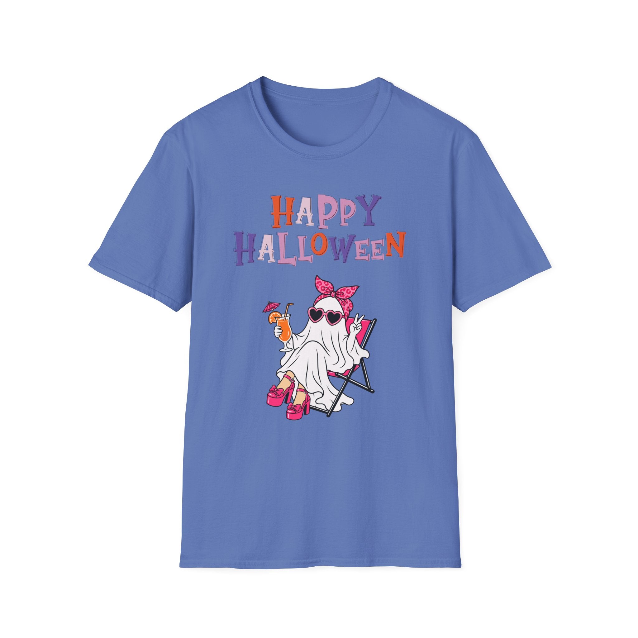 Happy Halloween Ghost Tee — Cute Feminine Halloween T-Shirt with Sunglasses & Pink Bow - Funny Spooky Halloween Shirt for Women