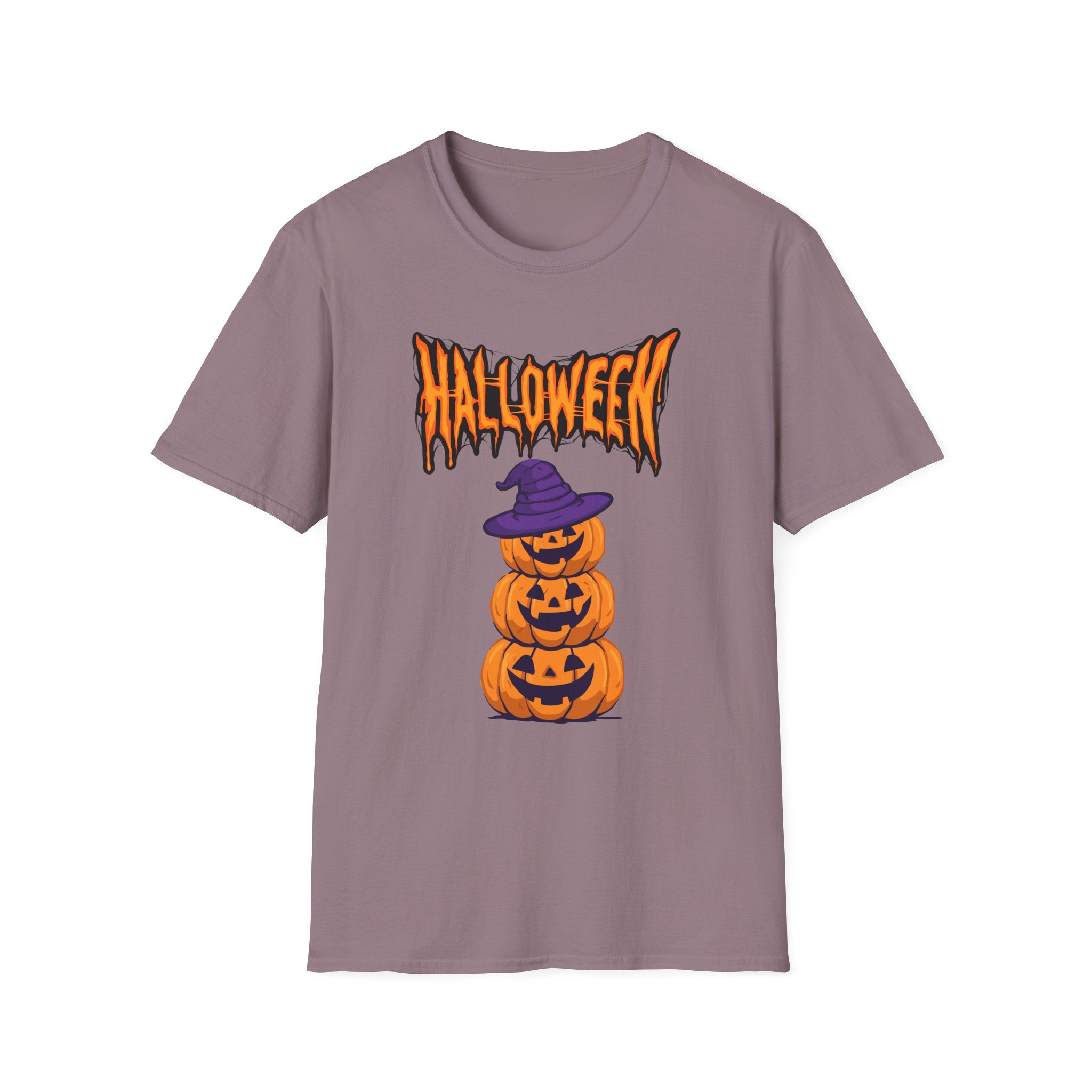 Halloween Stacked Jack-O'-Lantern T-Shirt — Cute Spooky Tee with Purple Witch Hat -  Cute Pumpkin Witch Hat Halloween Tee