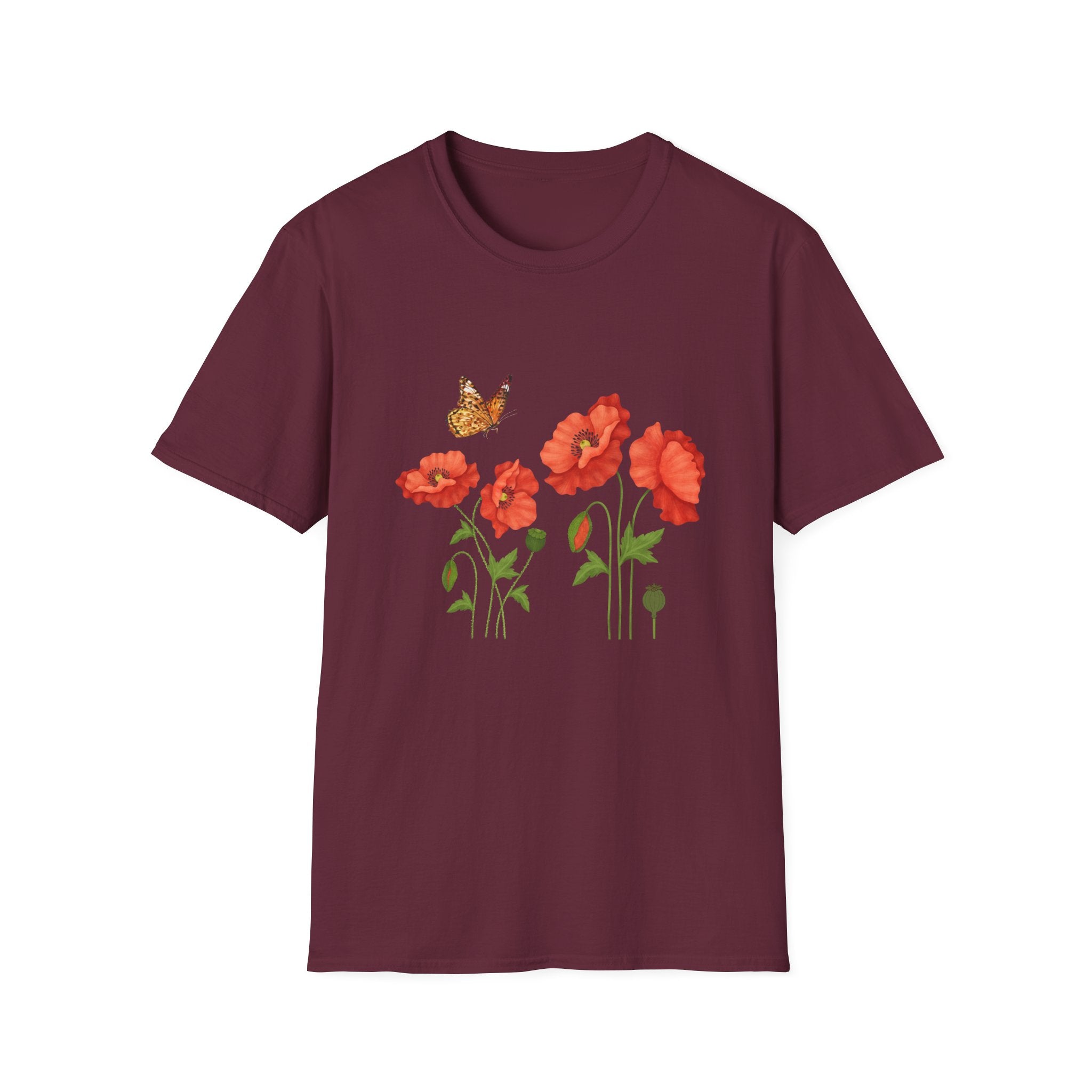 Poppy Field Tee — Red Poppies & Butterfly Floral T-Shirt