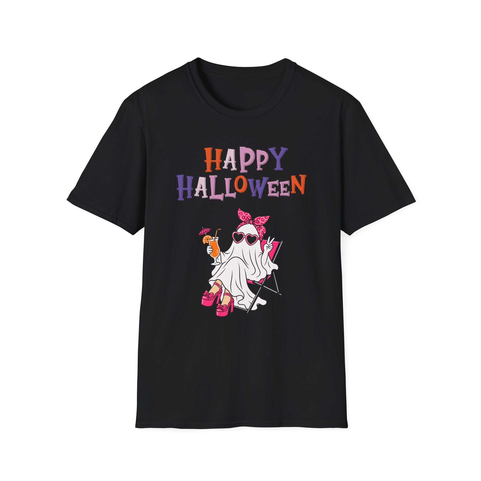 Happy Halloween Ghost Tee — Cute Feminine Halloween T-Shirt with Sunglasses & Pink Bow - Funny Spooky Halloween Shirt for Women