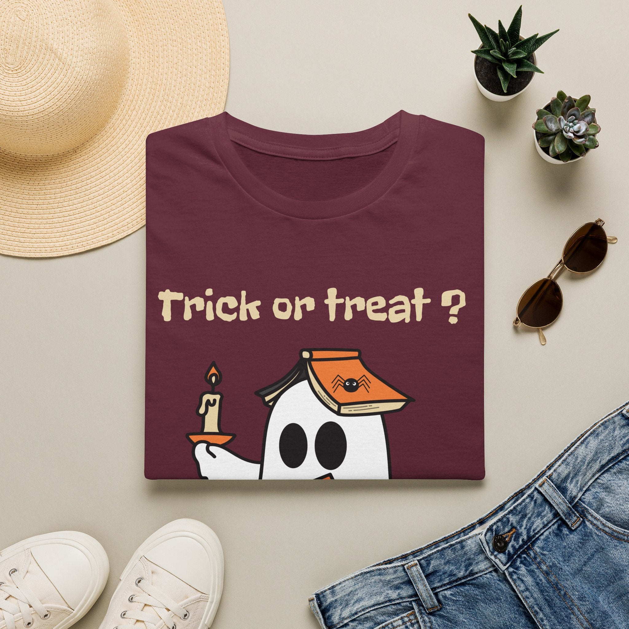 Halloween Ghost T-Shirt — "Trick or Treat?" Cute Spooky Candy Tee - Ghost Reading a Spooky Book Halloween Design