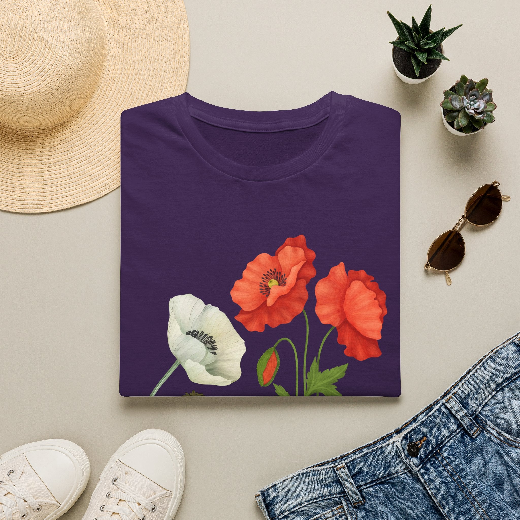 Poppy Floral T‑Shirt — Vintage Red & White Poppy Garden Tee - Vintage Wildflower Garden Art