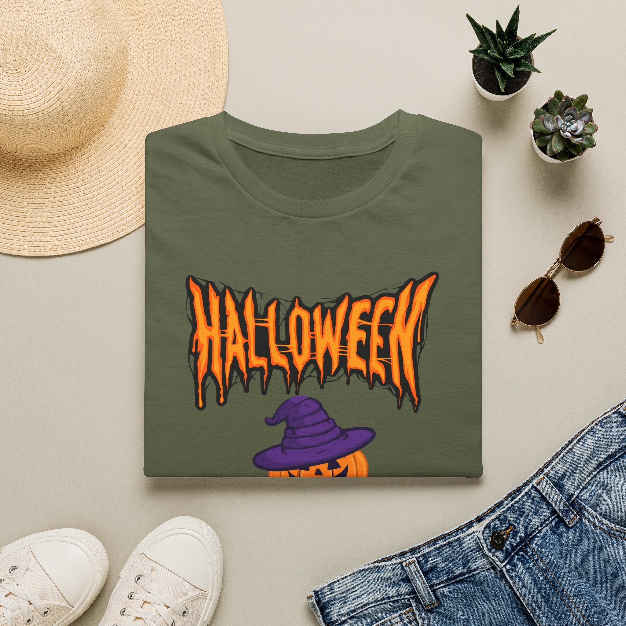 Halloween Stacked Jack-O'-Lantern T-Shirt — Cute Spooky Tee with Purple Witch Hat -  Cute Pumpkin Witch Hat Halloween Tee